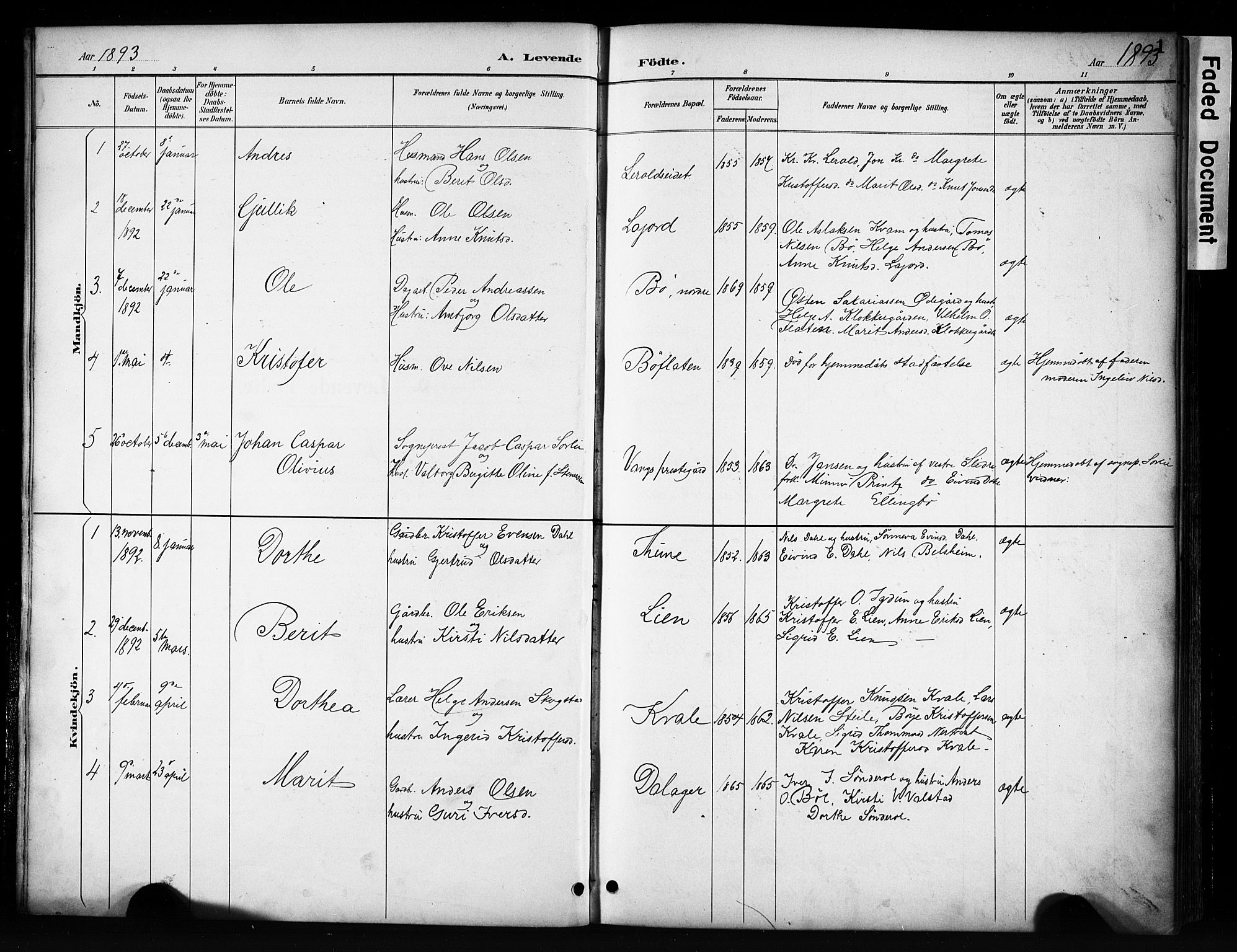 Vang prestekontor, Valdres, SAH/PREST-140/H/Hb/L0006: Parish register (copy) no. 6, 1893-1918, p. 1