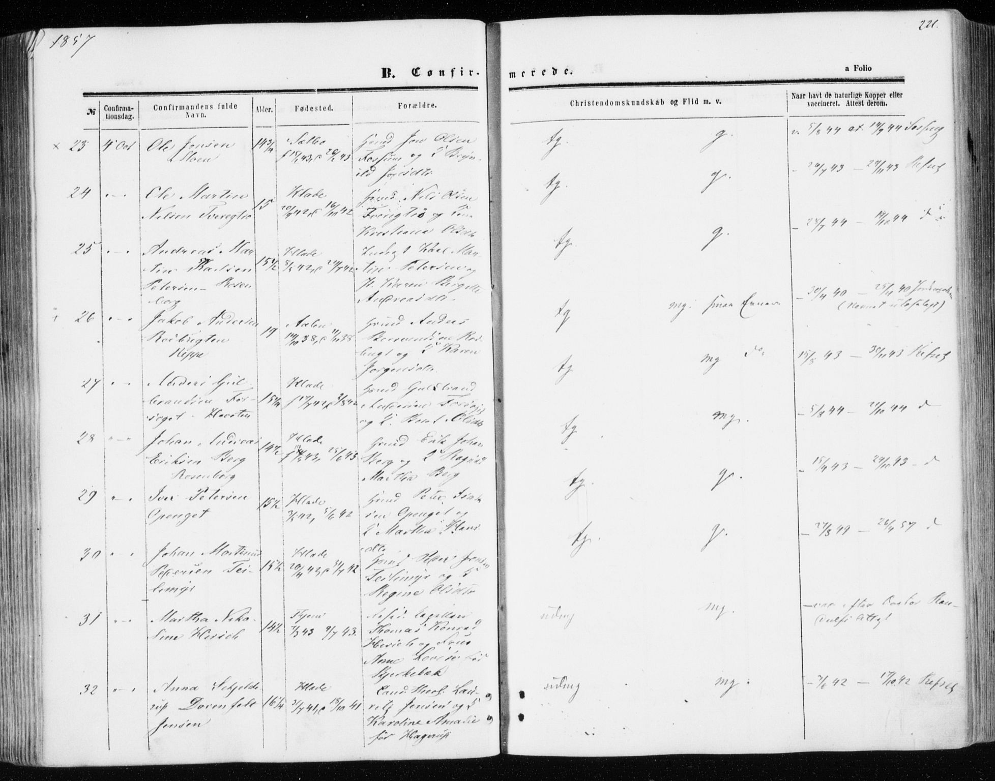 Ministerialprotokoller, klokkerbøker og fødselsregistre - Sør-Trøndelag, SAT/A-1456/606/L0292: Parish register (official) no. 606A07, 1856-1865, p. 221