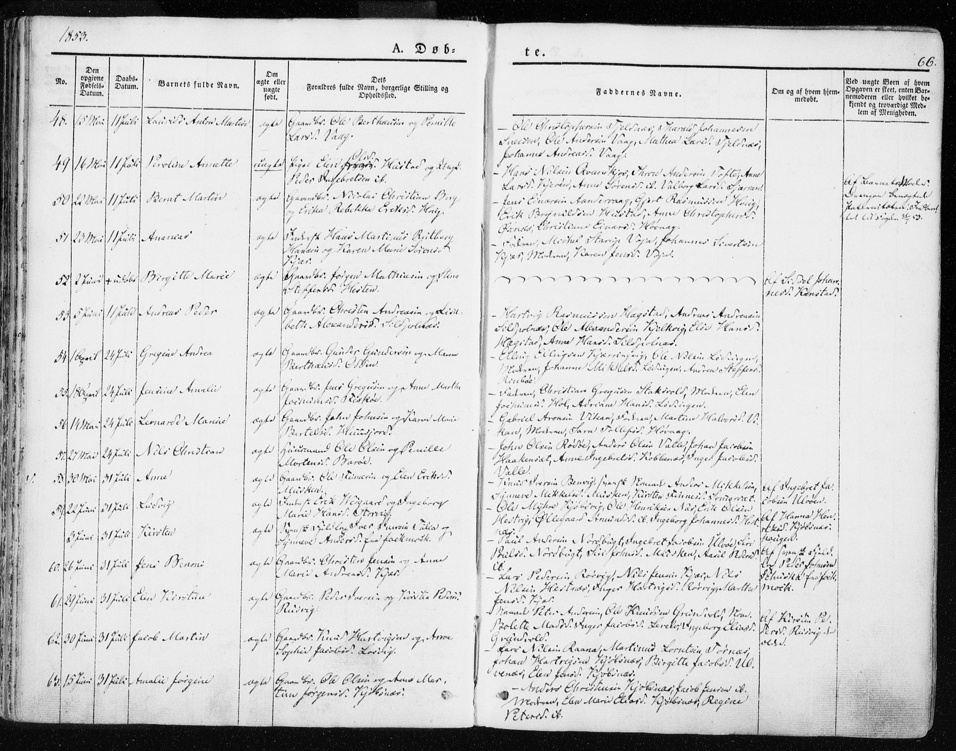 Ministerialprotokoller, klokkerbøker og fødselsregistre - Nordland, AV/SAT-A-1459/872/L1033: Parish register (official) no. 872A08, 1840-1863, p. 66