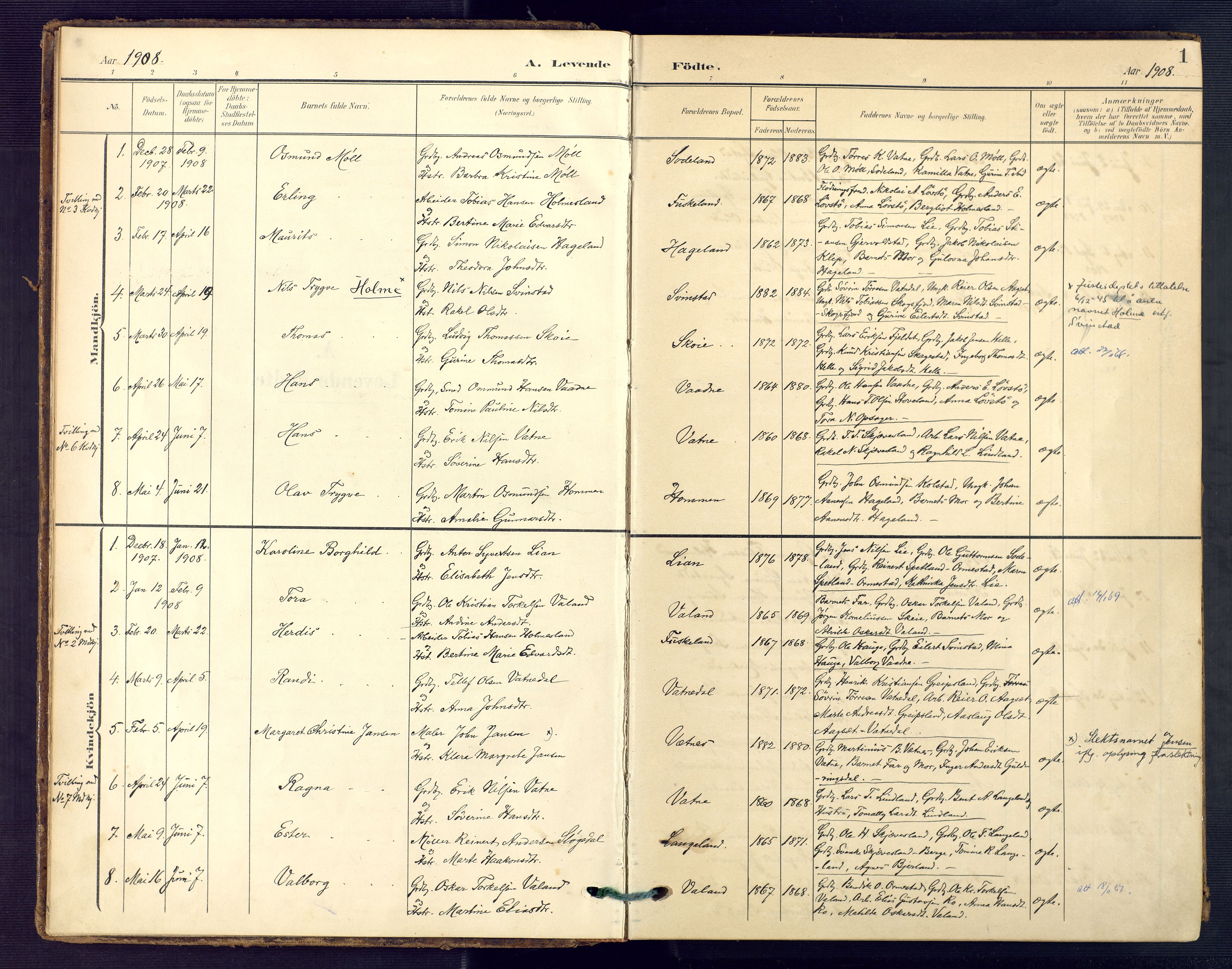 Holum sokneprestkontor, SAK/1111-0022/F/Fa/Faa/L0008: Parish register (official) no. A 8, 1908-1929, p. 1