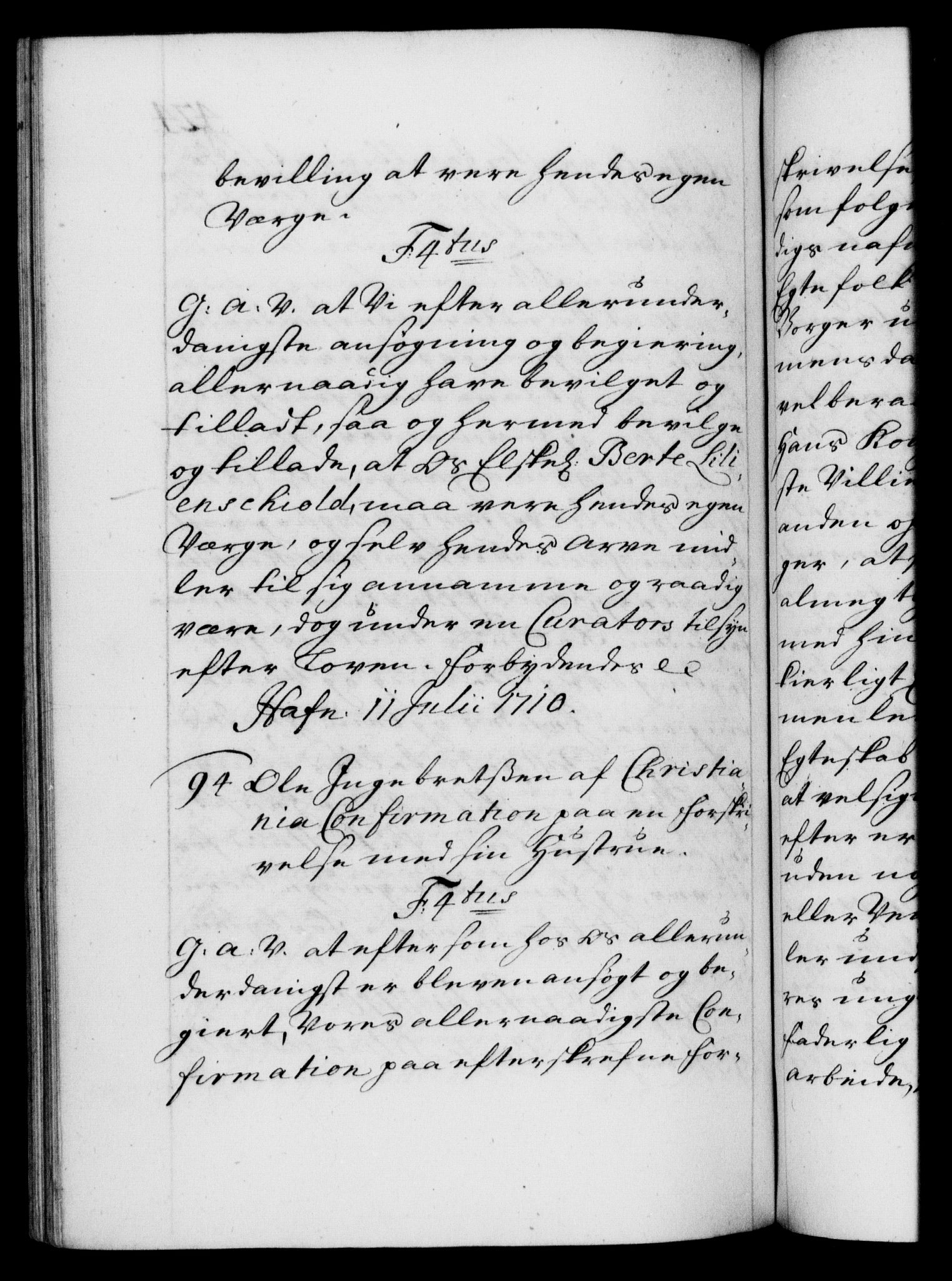 Danske Kanselli 1572-1799, RA/EA-3023/F/Fc/Fca/Fcaa/L0020: Norske registre, 1708-1711, p. 424b