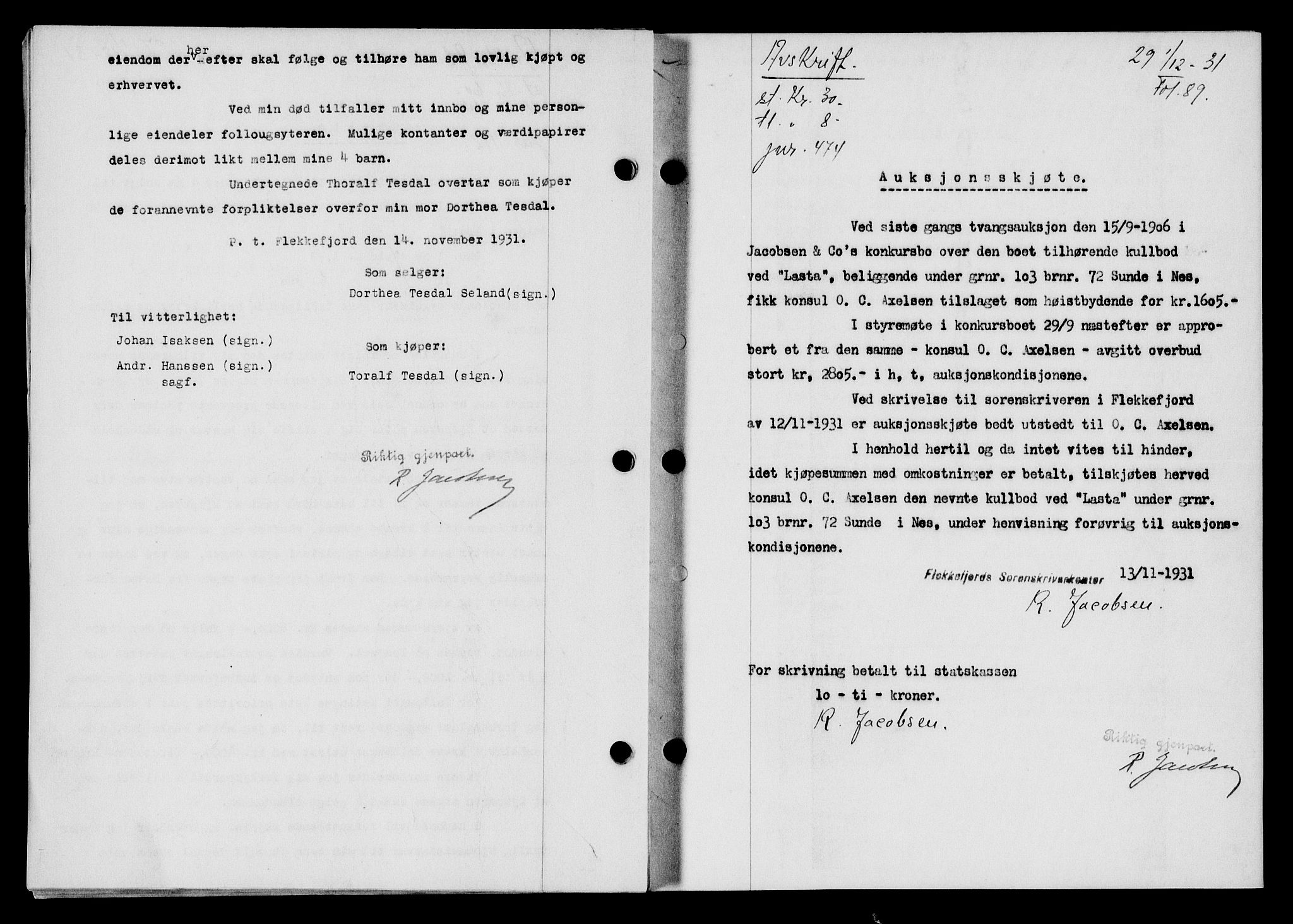 Flekkefjord sorenskriveri, SAK/1221-0001/G/Gb/Gba/L0047: Mortgage book no. 45, 1931-1932, Deed date: 01.12.1931