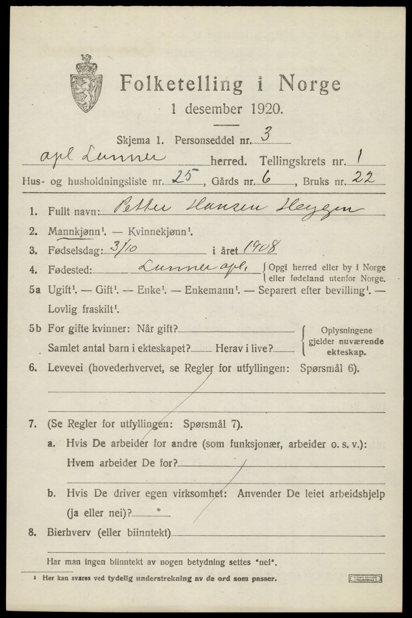 SAH, 1920 census for Lunner, 1920, p. 1935