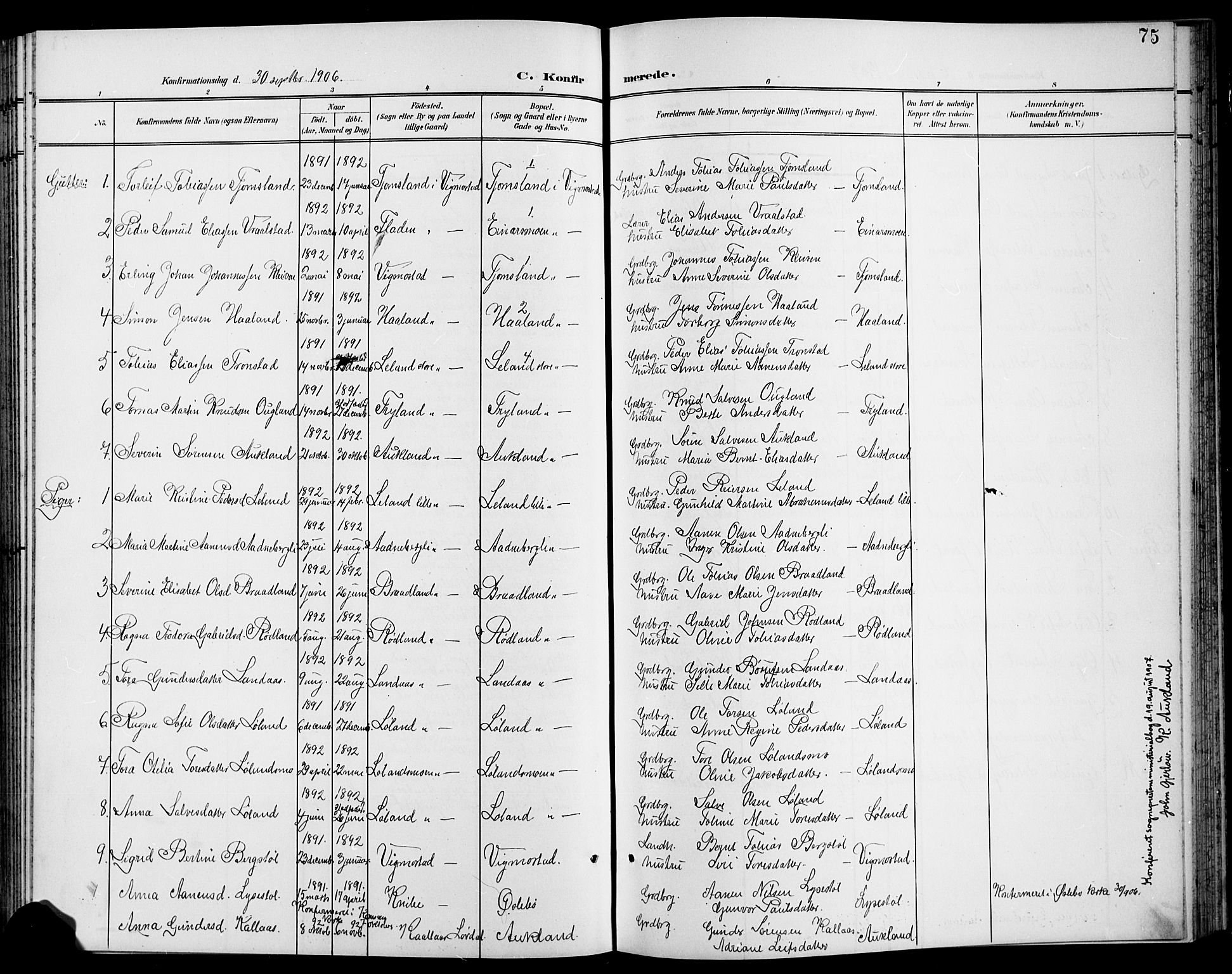 Nord-Audnedal sokneprestkontor, AV/SAK-1111-0032/F/Fb/Fbb/L0004: Parish register (copy) no. B 4, 1901-1917, p. 75