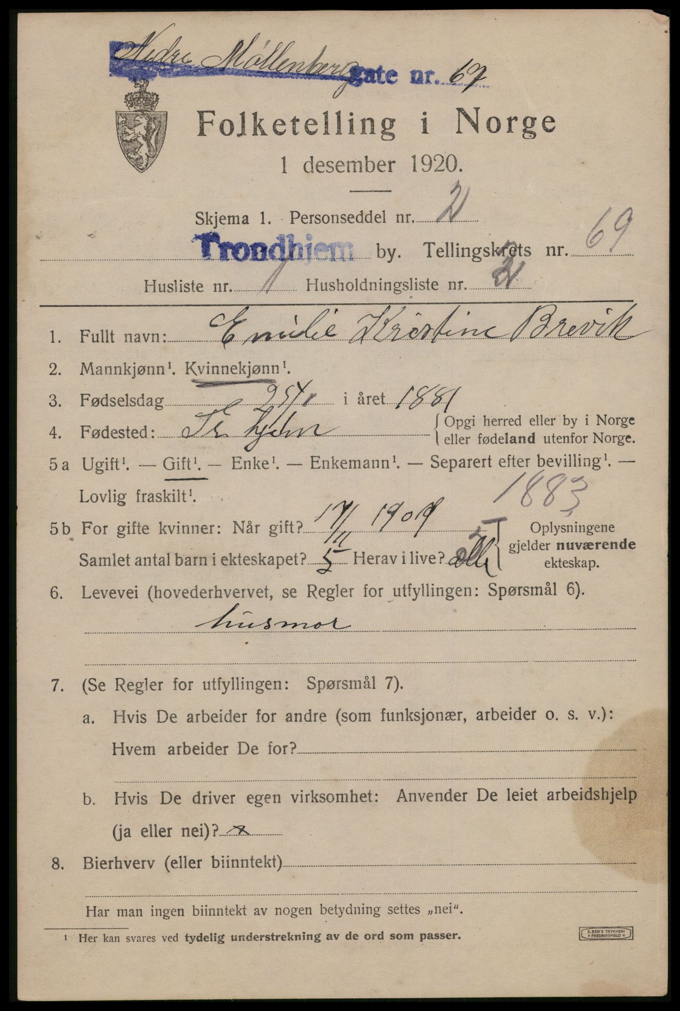 SAT, 1920 census for Trondheim, 1920, p. 135904