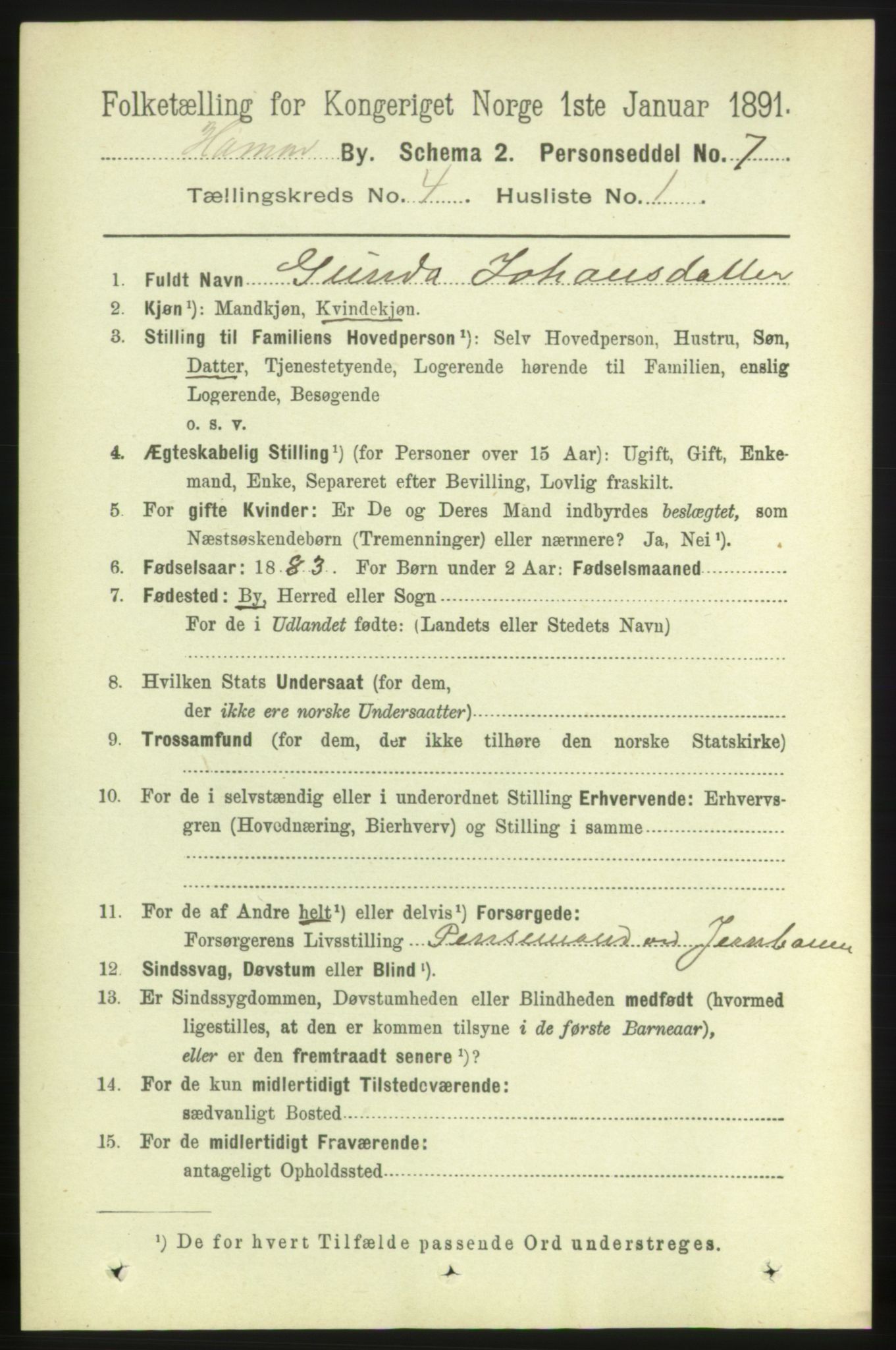 RA, 1891 census for 0401 Hamar, 1891, p. 2700