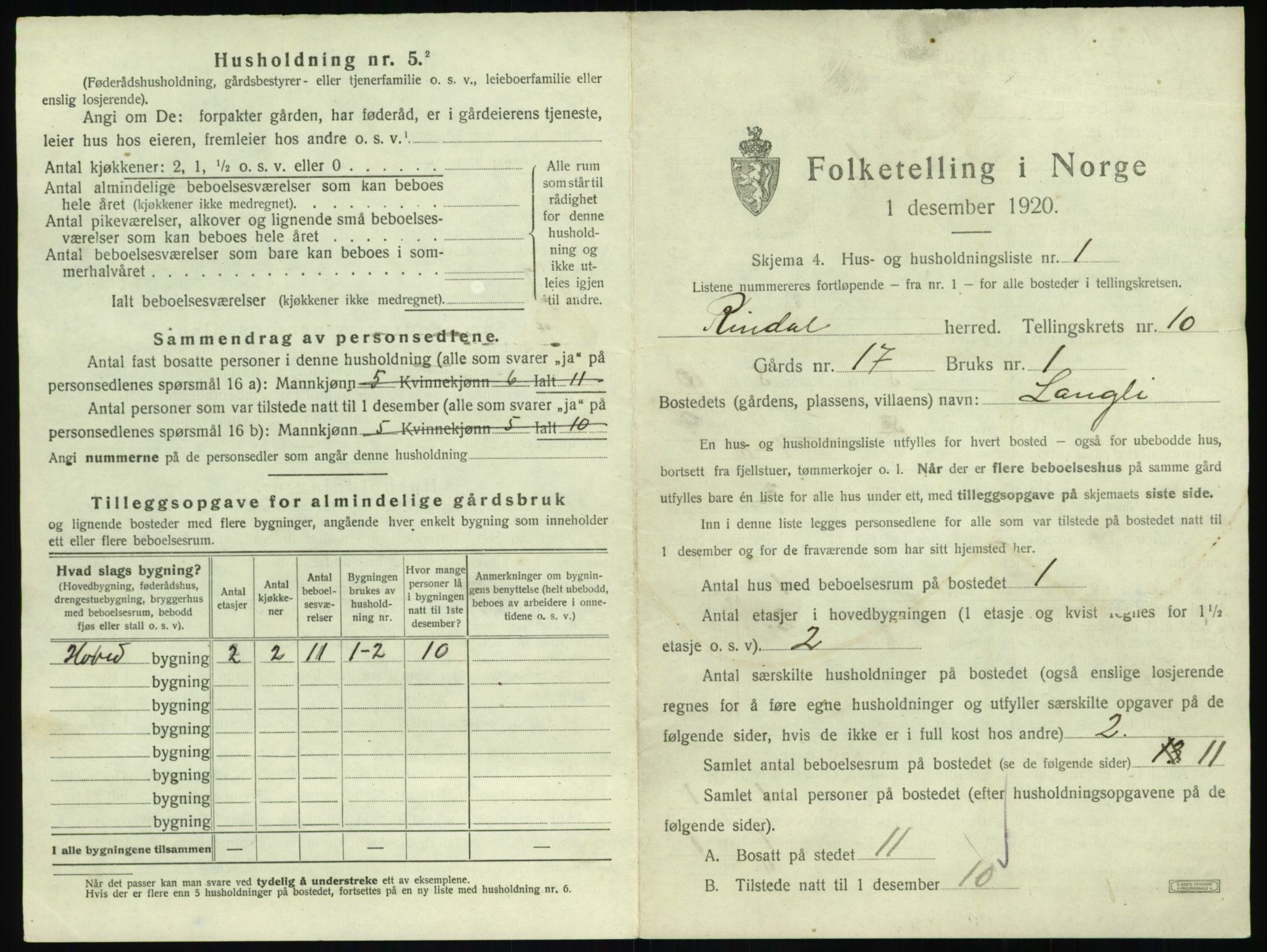 SAT, 1920 census for Rindal, 1920, p. 736