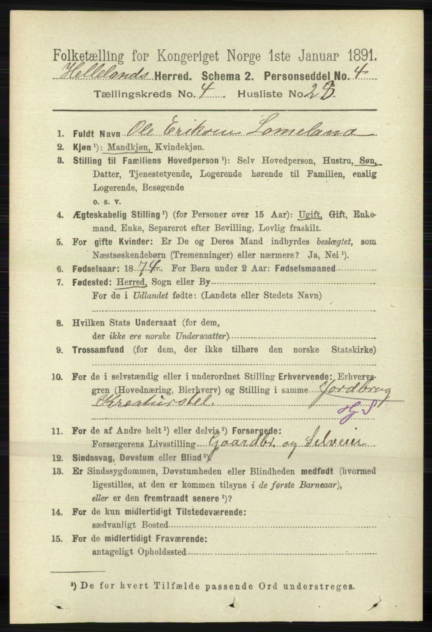 RA, 1891 census for 1115 Helleland, 1891, p. 1329