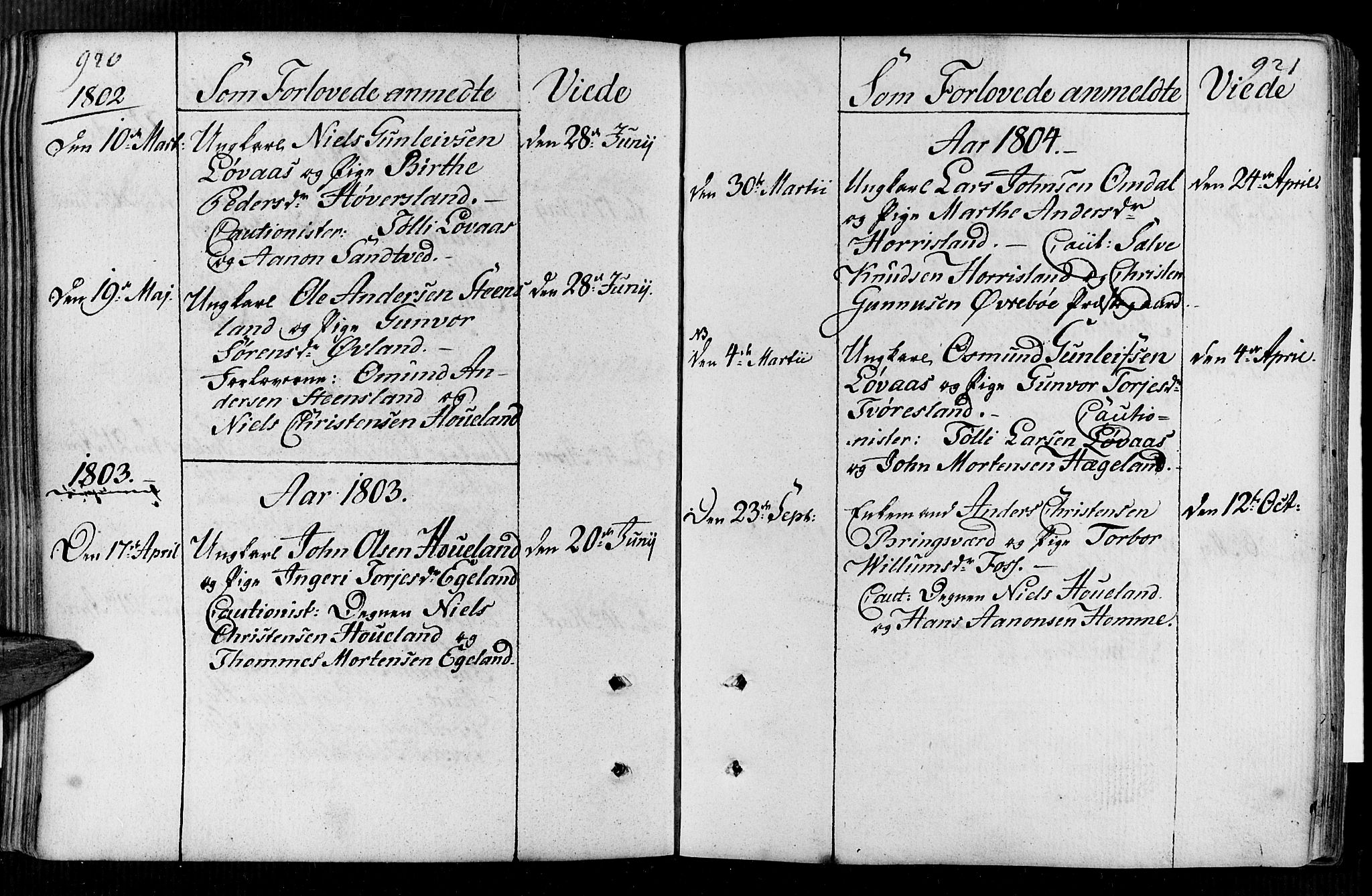 Vennesla sokneprestkontor, AV/SAK-1111-0045/Fa/Faa/L0002: Parish register (official) no. A 2, 1785-1834, p. 920-921