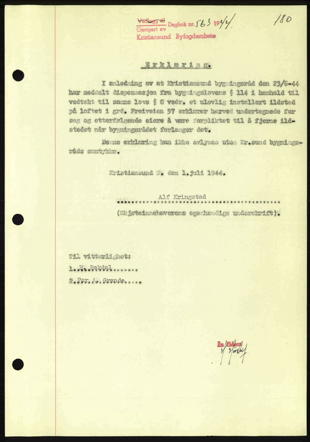 Kristiansund byfogd, SAT/A-4587/A/27: Mortgage book no. 37-38, 1943-1945, Diary no: : 563/1944