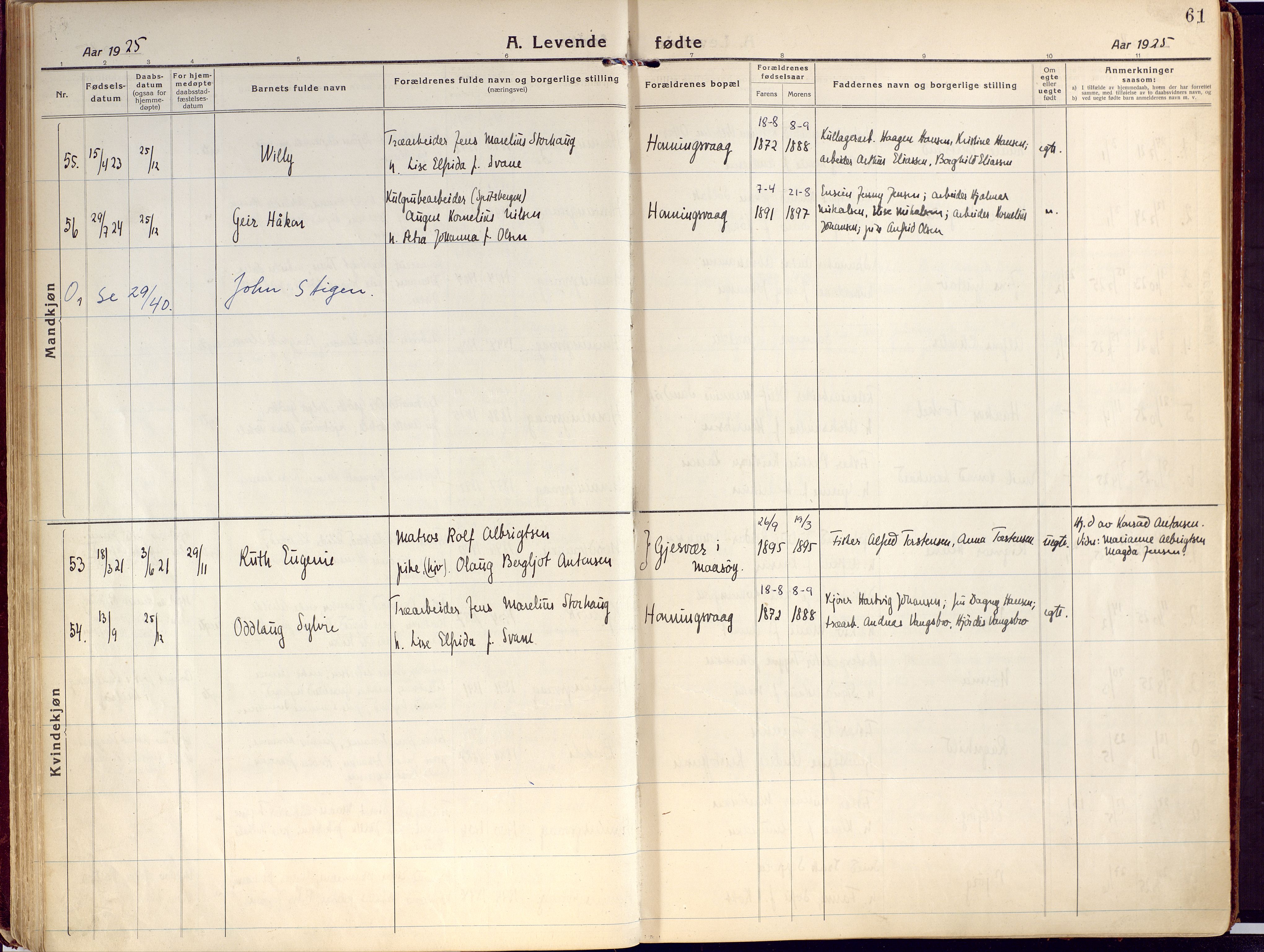 Kjelvik/Nordkapp sokneprestkontor, AV/SATØ-S-1350/H/Ha/L0002kirke: Parish register (official) no. 2, 1920-1929, p. 61