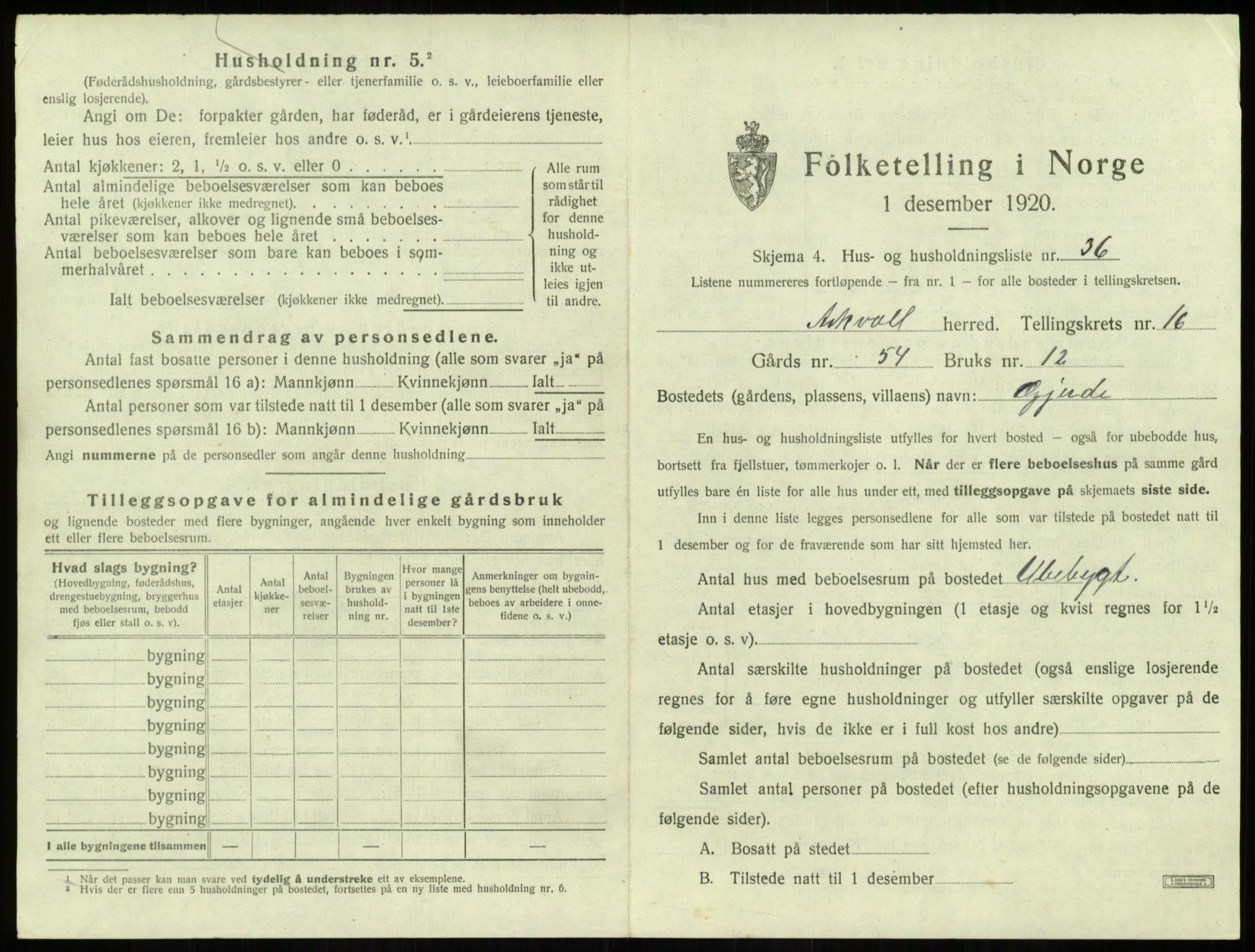 SAB, 1920 census for Askvoll, 1920, p. 905