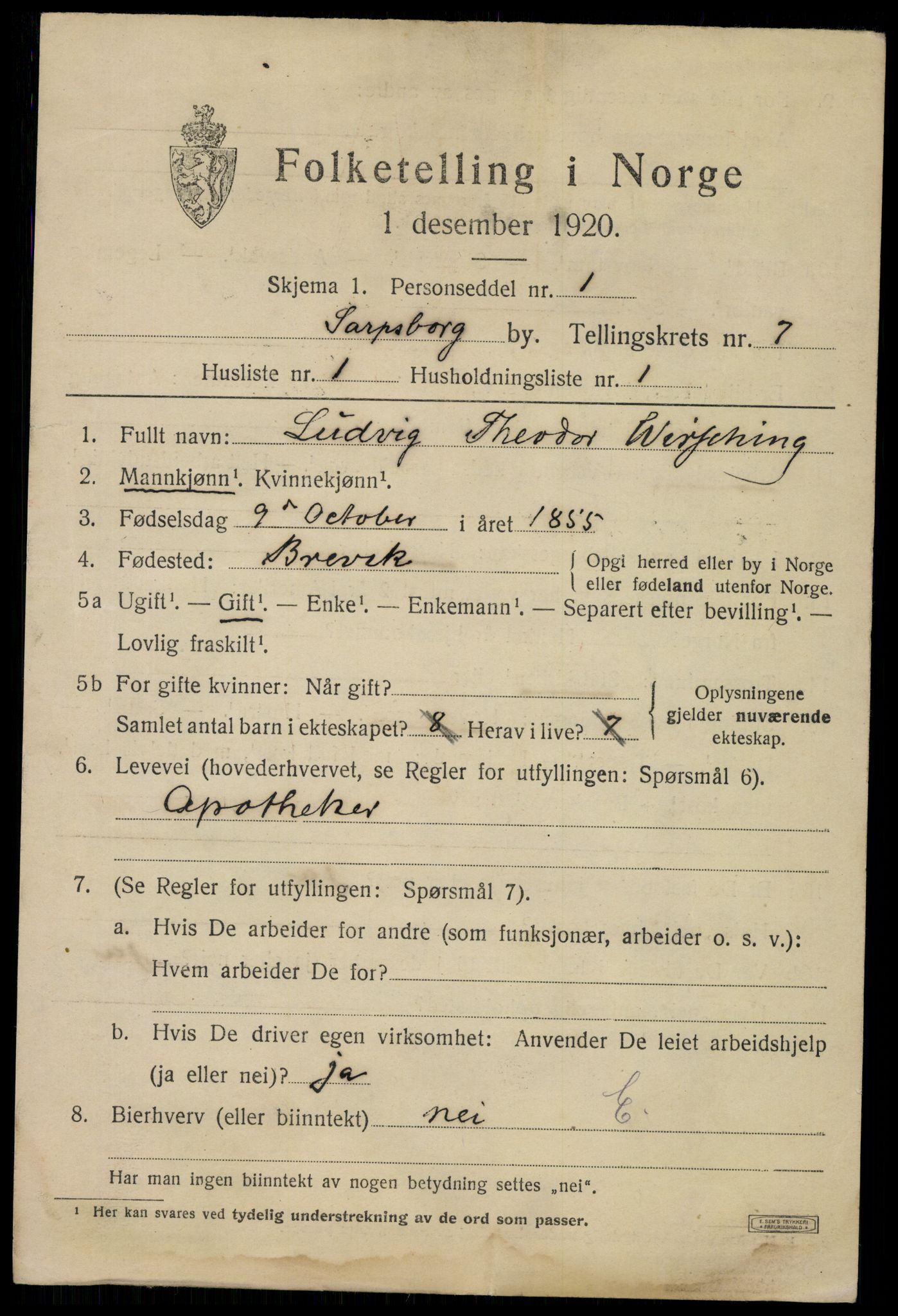 SAO, 1920 census for Sarpsborg, 1920, p. 16034