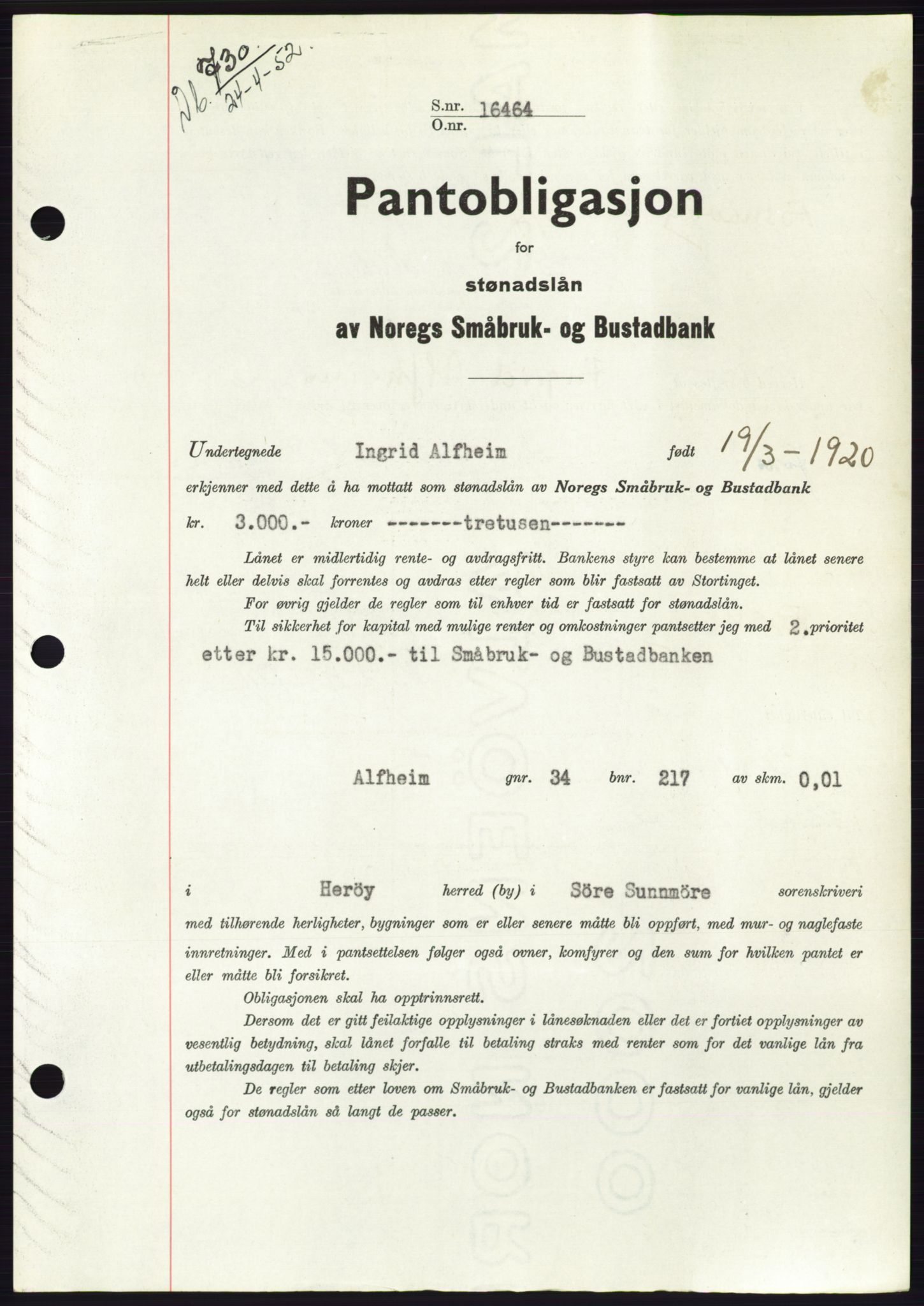 Søre Sunnmøre sorenskriveri, AV/SAT-A-4122/1/2/2C/L0121: Mortgage book no. 9B, 1951-1952, Diary no: : 730/1952