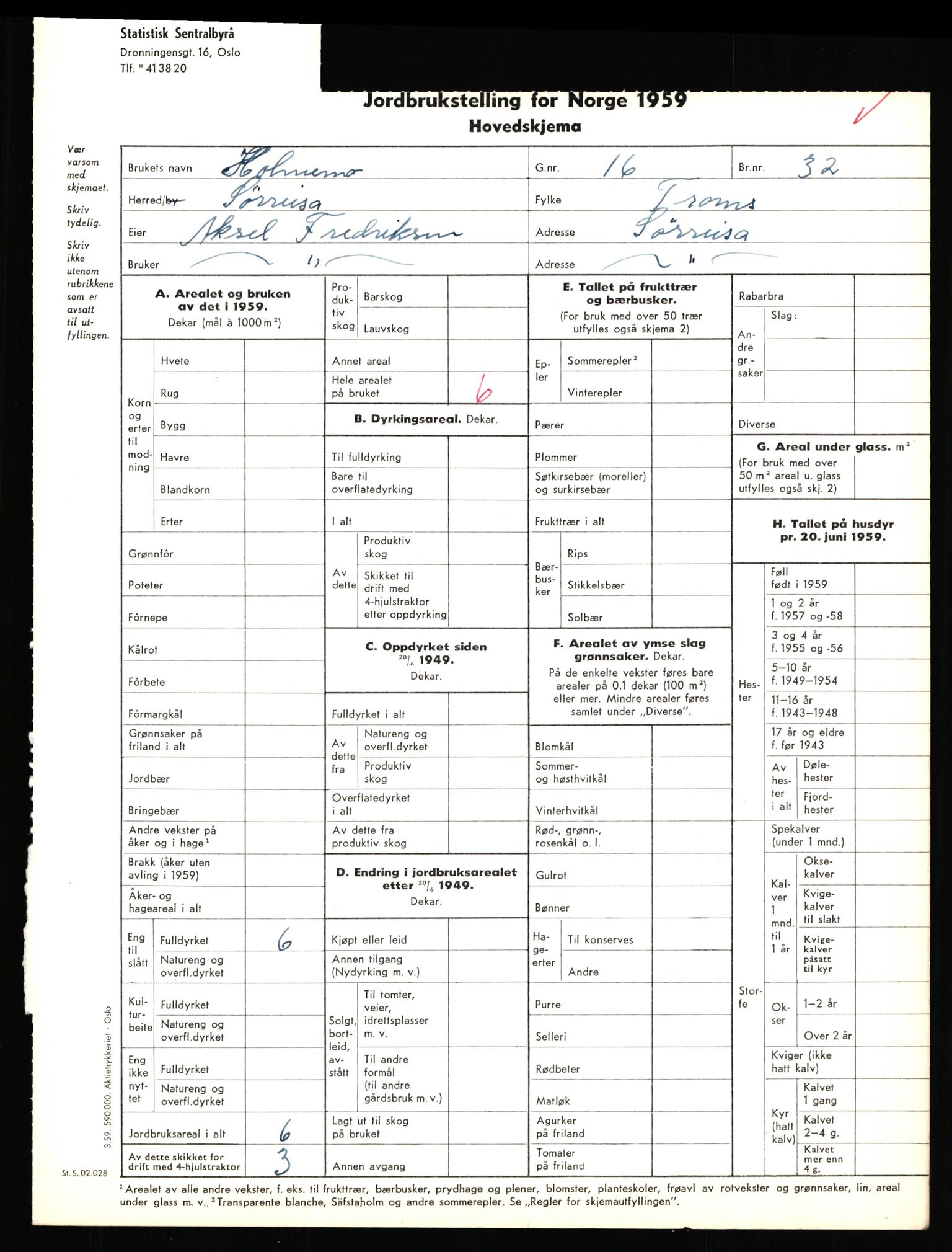 Statistisk sentralbyrå, Næringsøkonomiske emner, Jordbruk, skogbruk, jakt, fiske og fangst, AV/RA-S-2234/G/Gd/L0656: Troms: 1924 Målselv (kl. 0-3) og 1925 Sørreisa, 1959, p. 573