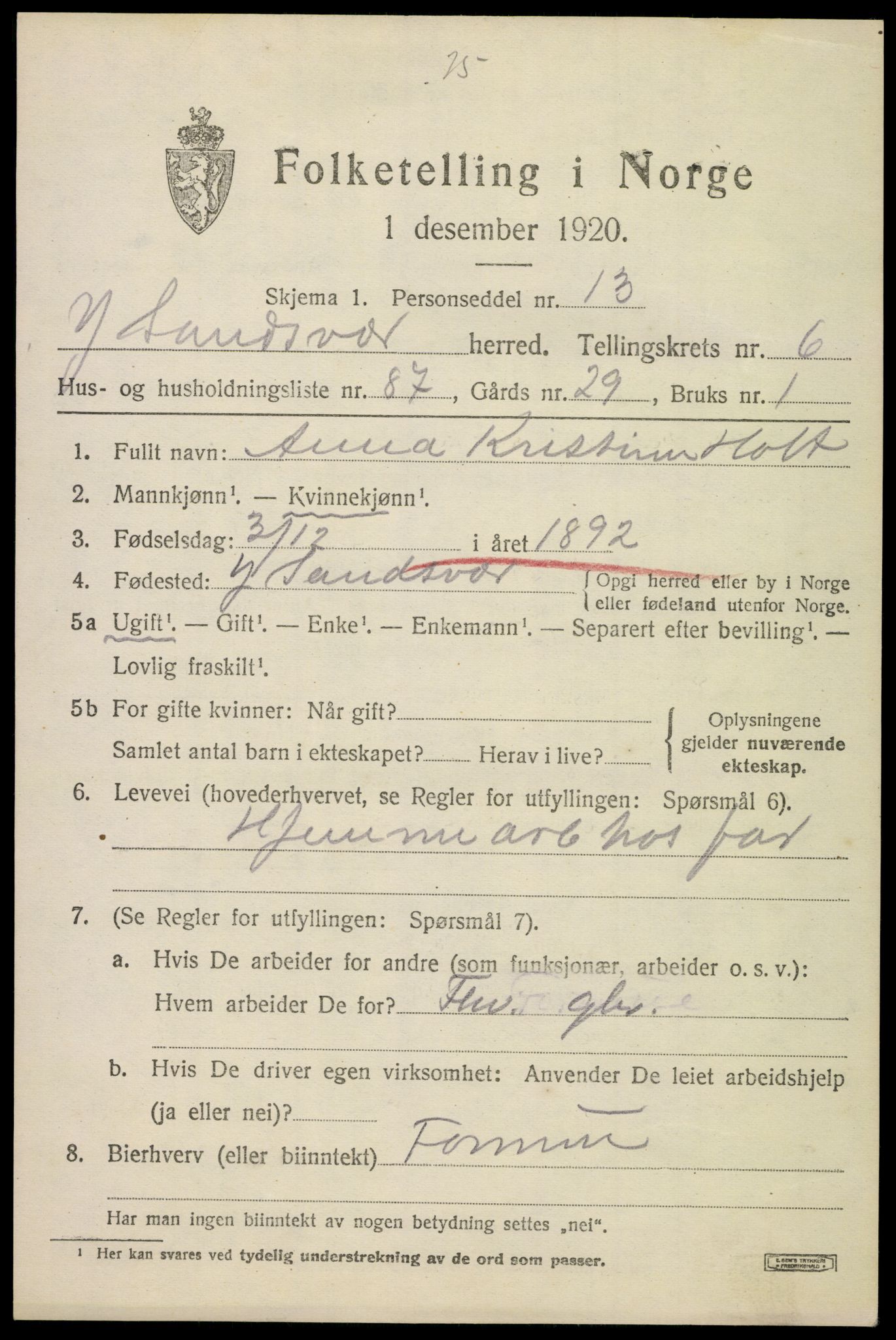 SAKO, 1920 census for Ytre Sandsvær, 1920, p. 5694