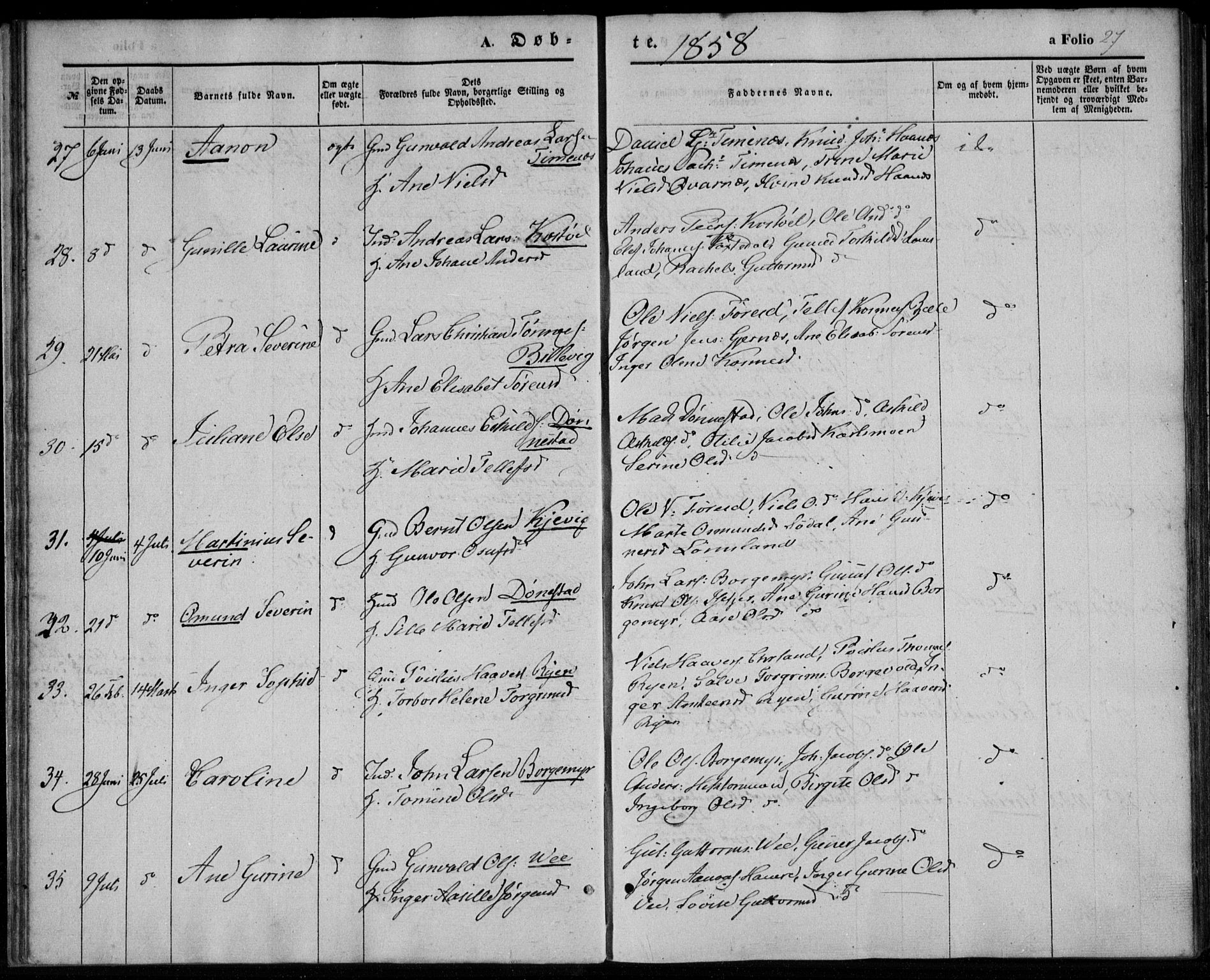 Tveit sokneprestkontor, SAK/1111-0043/F/Fa/L0005: Parish register (official) no. A 5, 1853-1871, p. 27