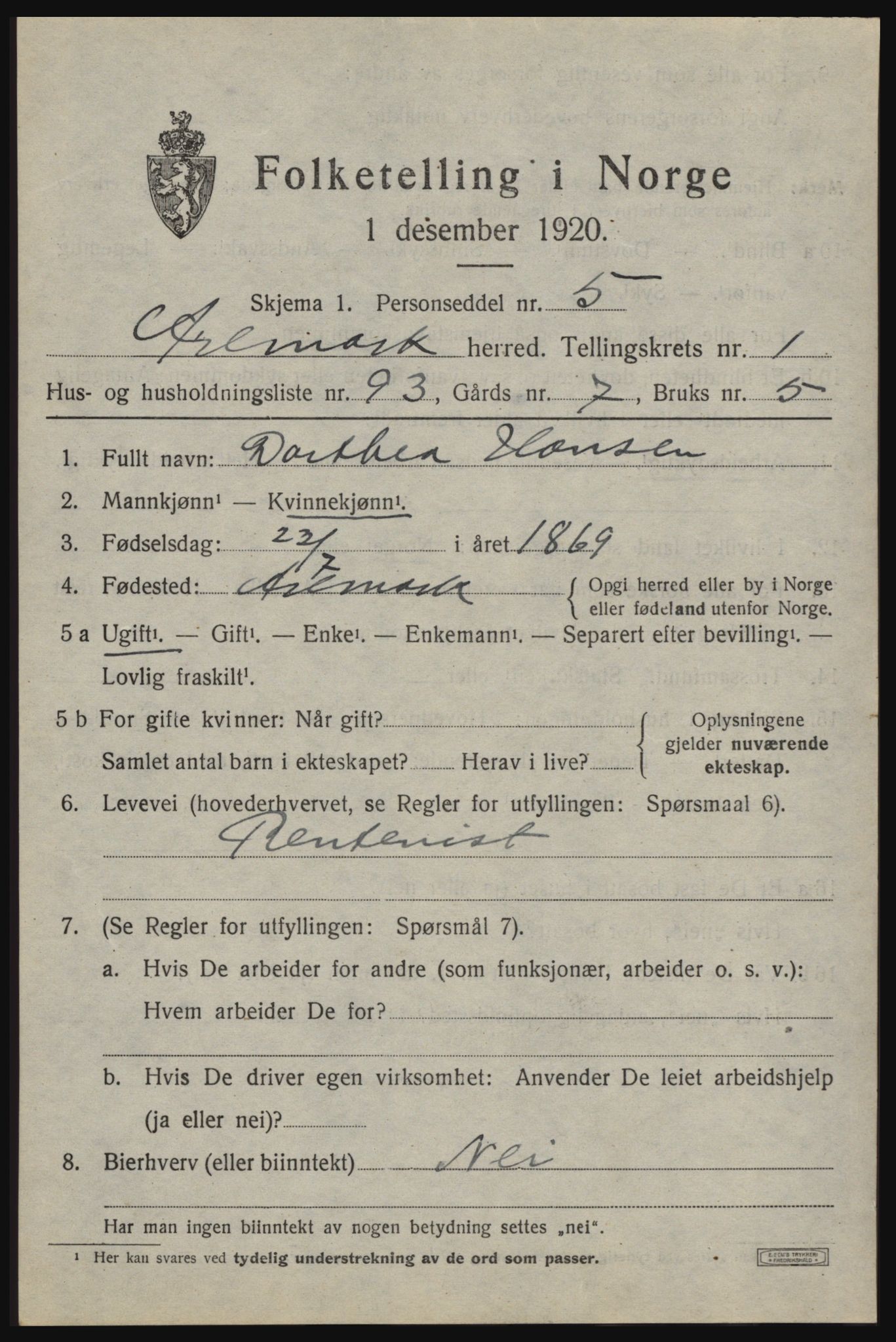 SAO, 1920 census for Aremark, 1920, p. 1603