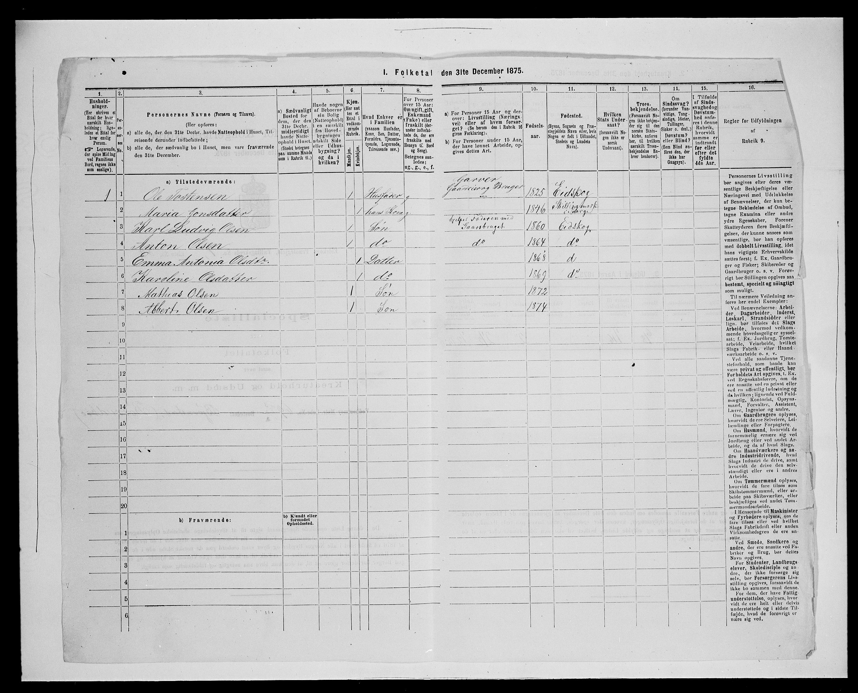 SAH, 1875 census for 0420P Eidskog, 1875, p. 837