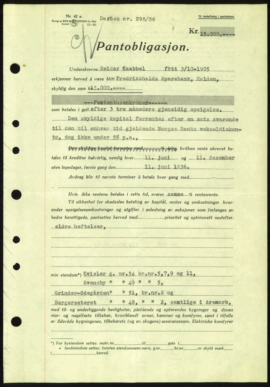 Idd og Marker sorenskriveri, AV/SAO-A-10283/G/Gb/Gbc/L0001: Mortgage book no. B1-3, 1936-1939, Diary no: : 295/1936