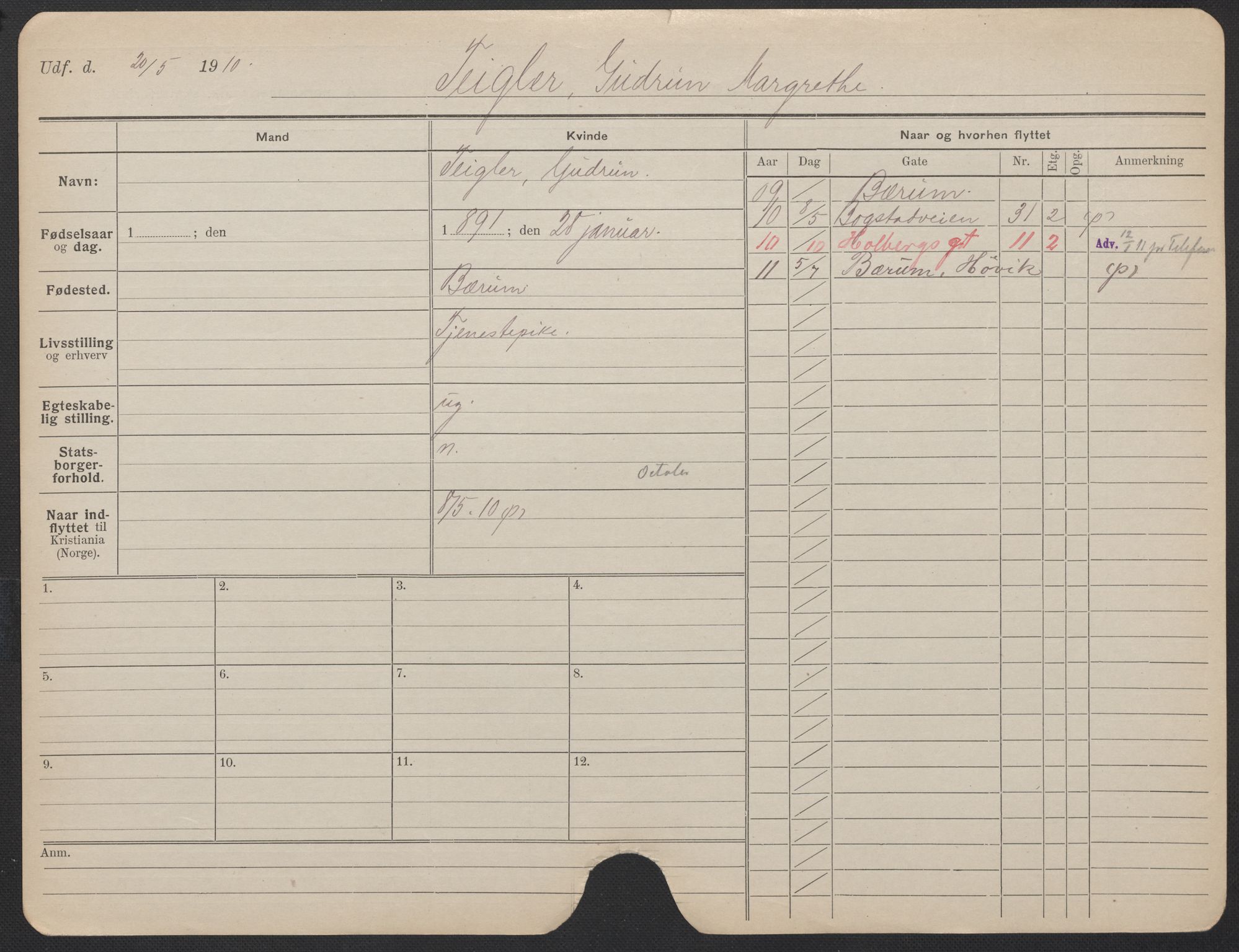 Oslo folkeregister, Registerkort, AV/SAO-A-11715/F/Fa/Fac/L0024: Kvinner, 1906-1914, p. 1050a