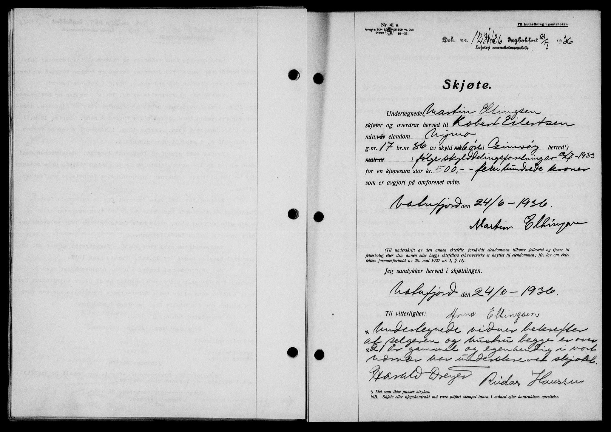 Lofoten sorenskriveri, SAT/A-0017/1/2/2C/L0001a: Mortgage book no. 1a, 1936-1937, Diary no: : 1231/1936