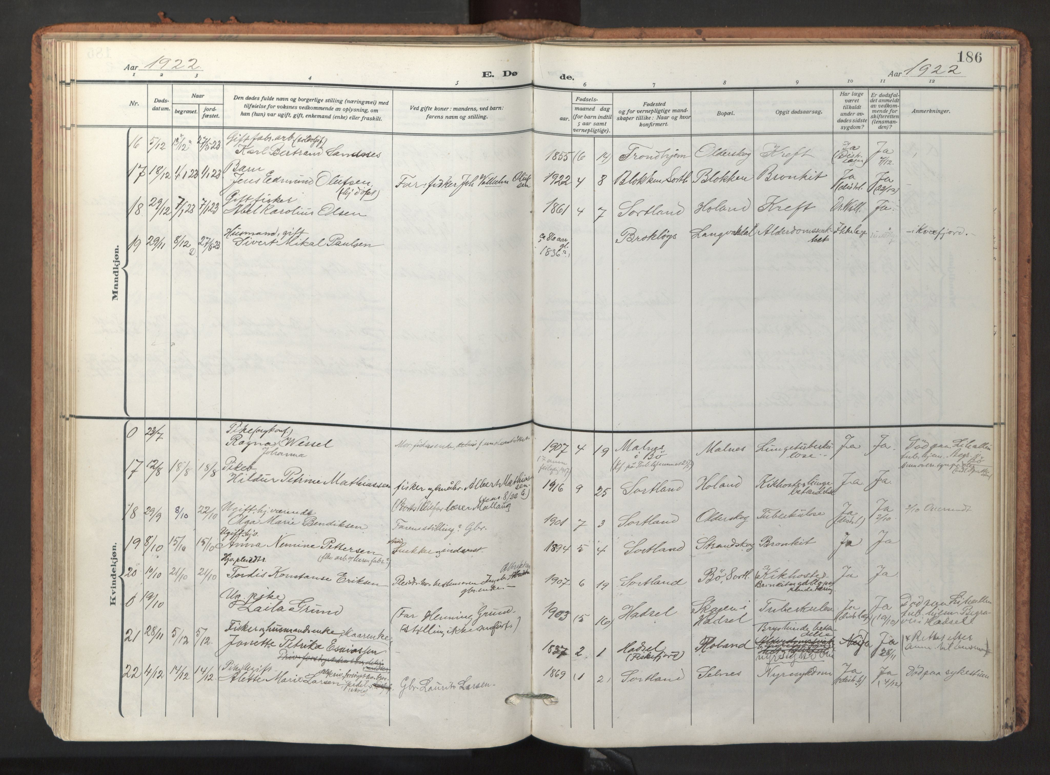 Ministerialprotokoller, klokkerbøker og fødselsregistre - Nordland, AV/SAT-A-1459/895/L1374: Parish register (official) no. 895A09, 1915-1925, p. 186