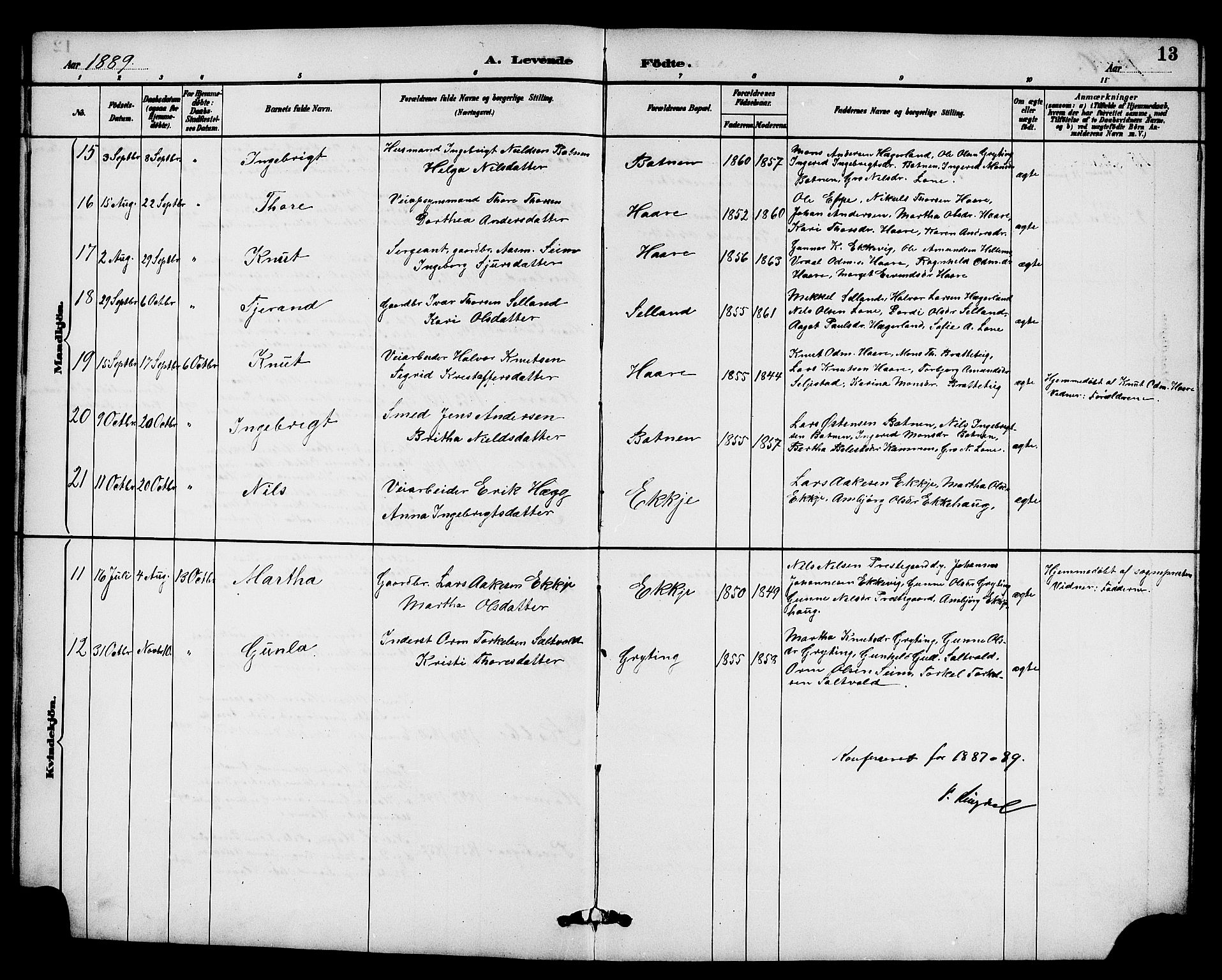 Røldal sokneprestembete, SAB/A-100247: Parish register (copy) no. A 3, 1887-1917, p. 13