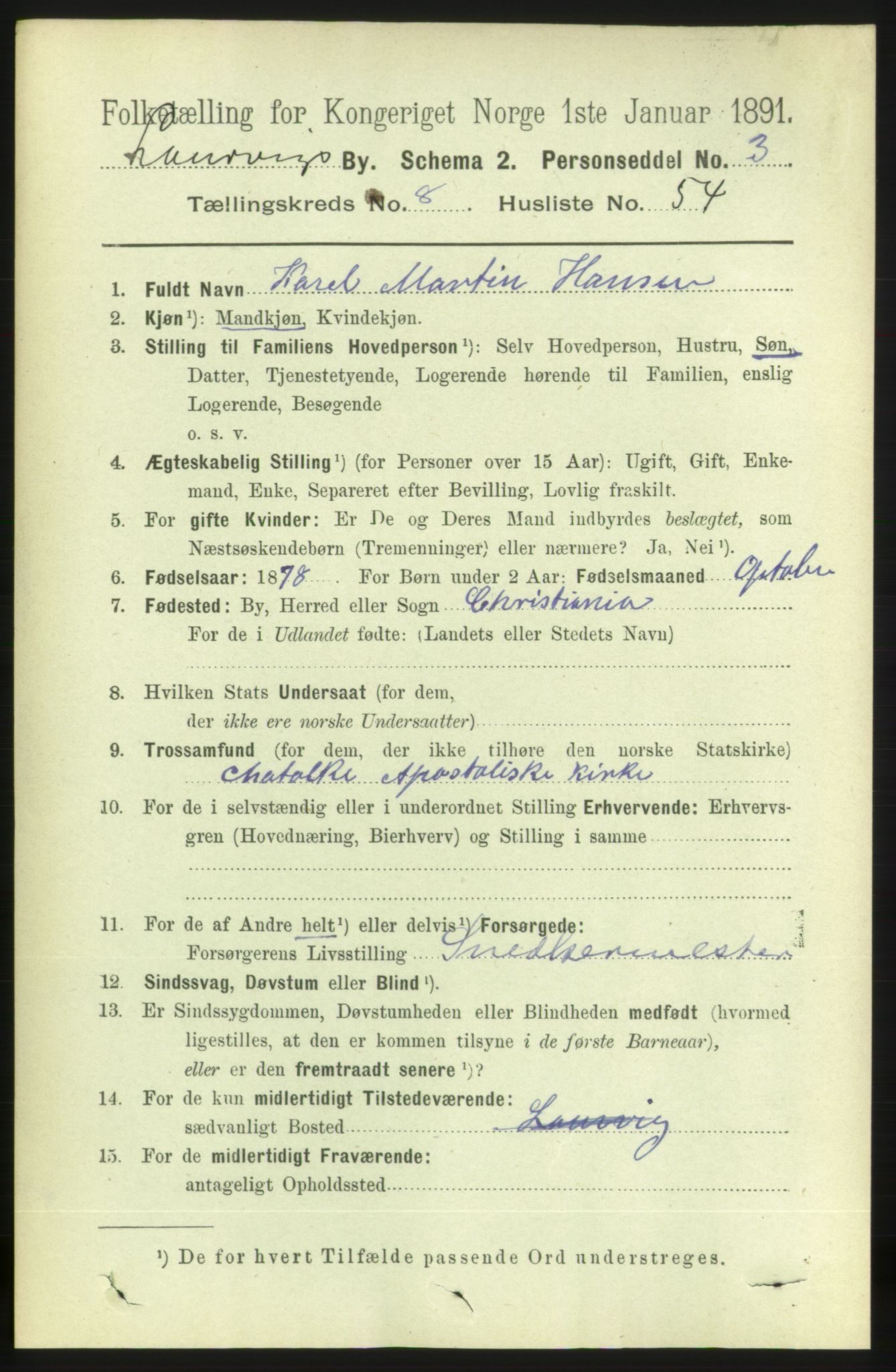 RA, 1891 census for 0707 Larvik, 1891, p. 8471