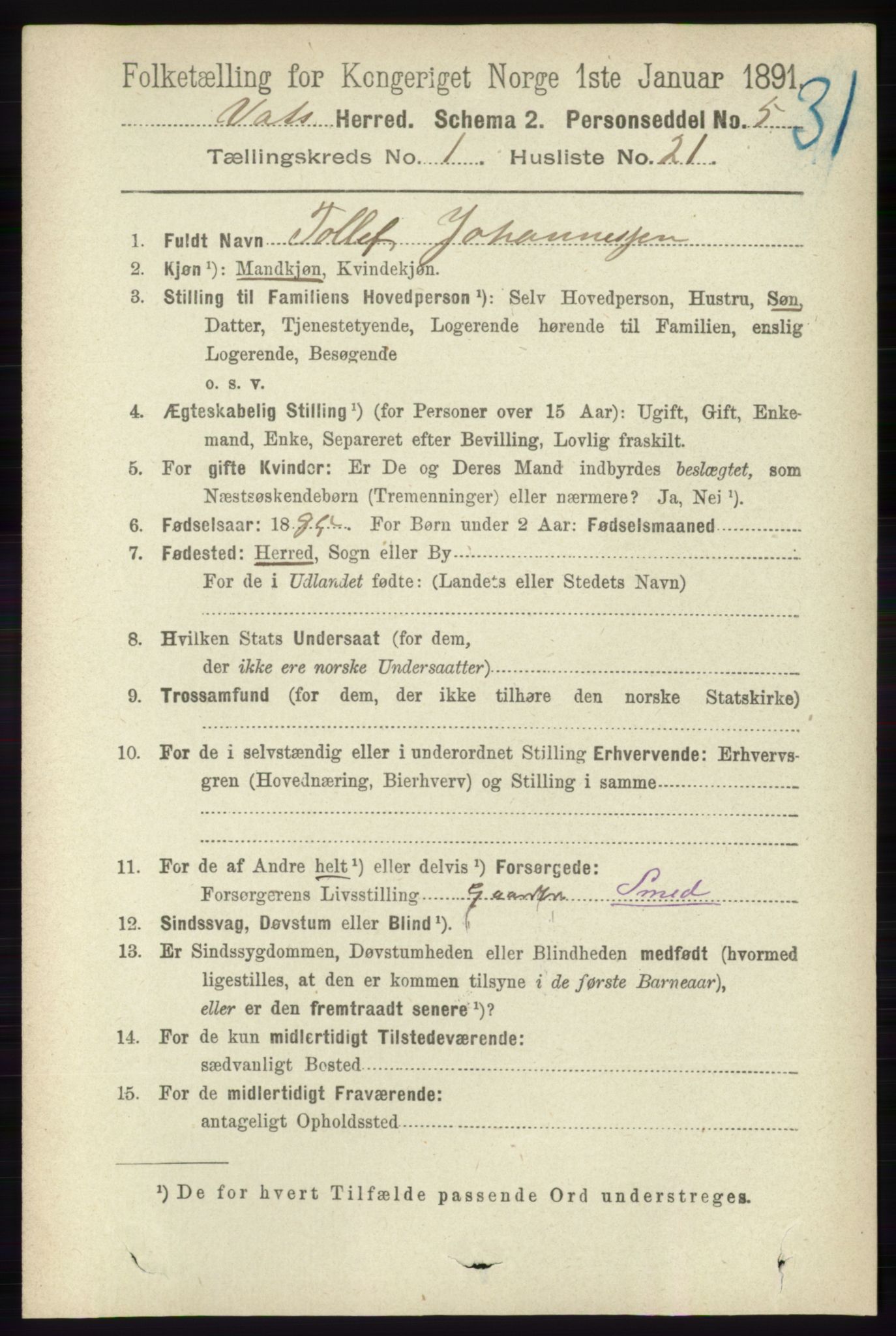 RA, 1891 census for 1155 Vats, 1891, p. 168