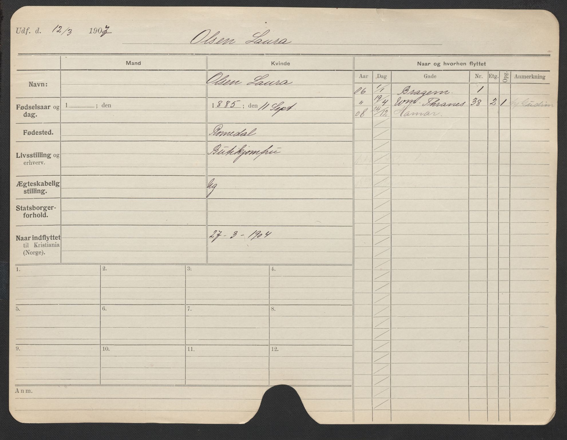 Oslo folkeregister, Registerkort, AV/SAO-A-11715/F/Fa/Fac/L0022: Kvinner, 1906-1914, p. 73a