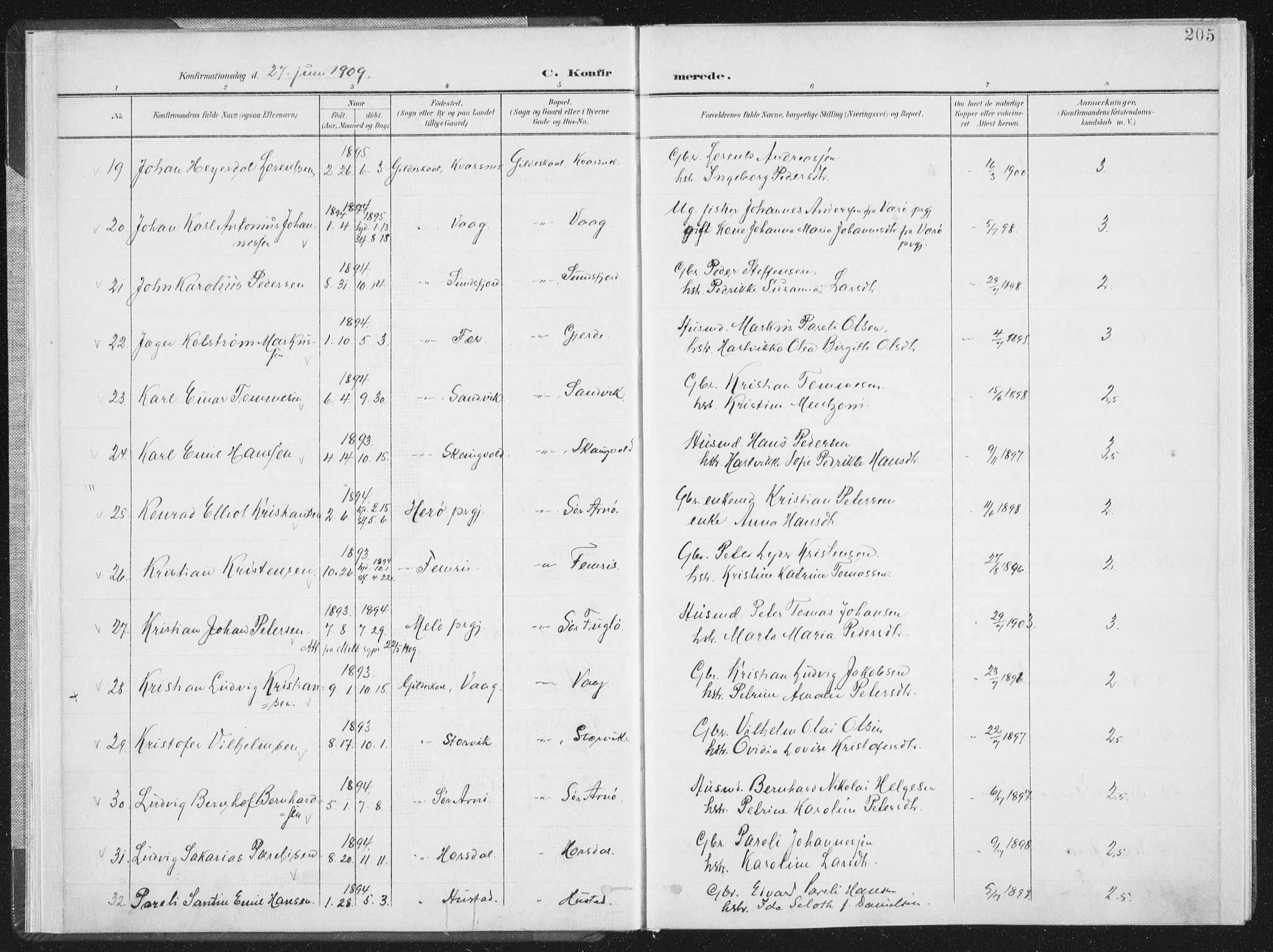 Ministerialprotokoller, klokkerbøker og fødselsregistre - Nordland, AV/SAT-A-1459/805/L0103: Parish register (official) no. 805A08II, 1900-1909, p. 205