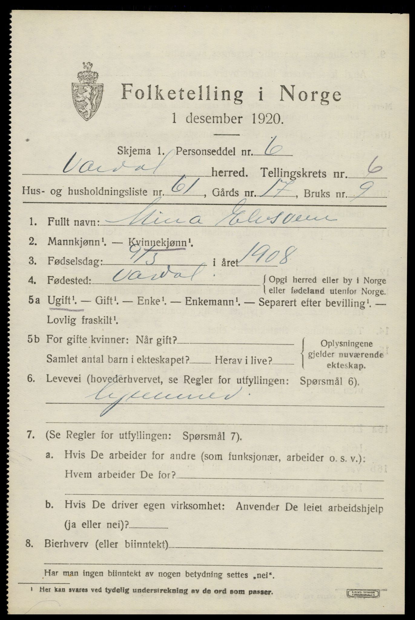 SAH, 1920 census for Vardal, 1920, p. 4577