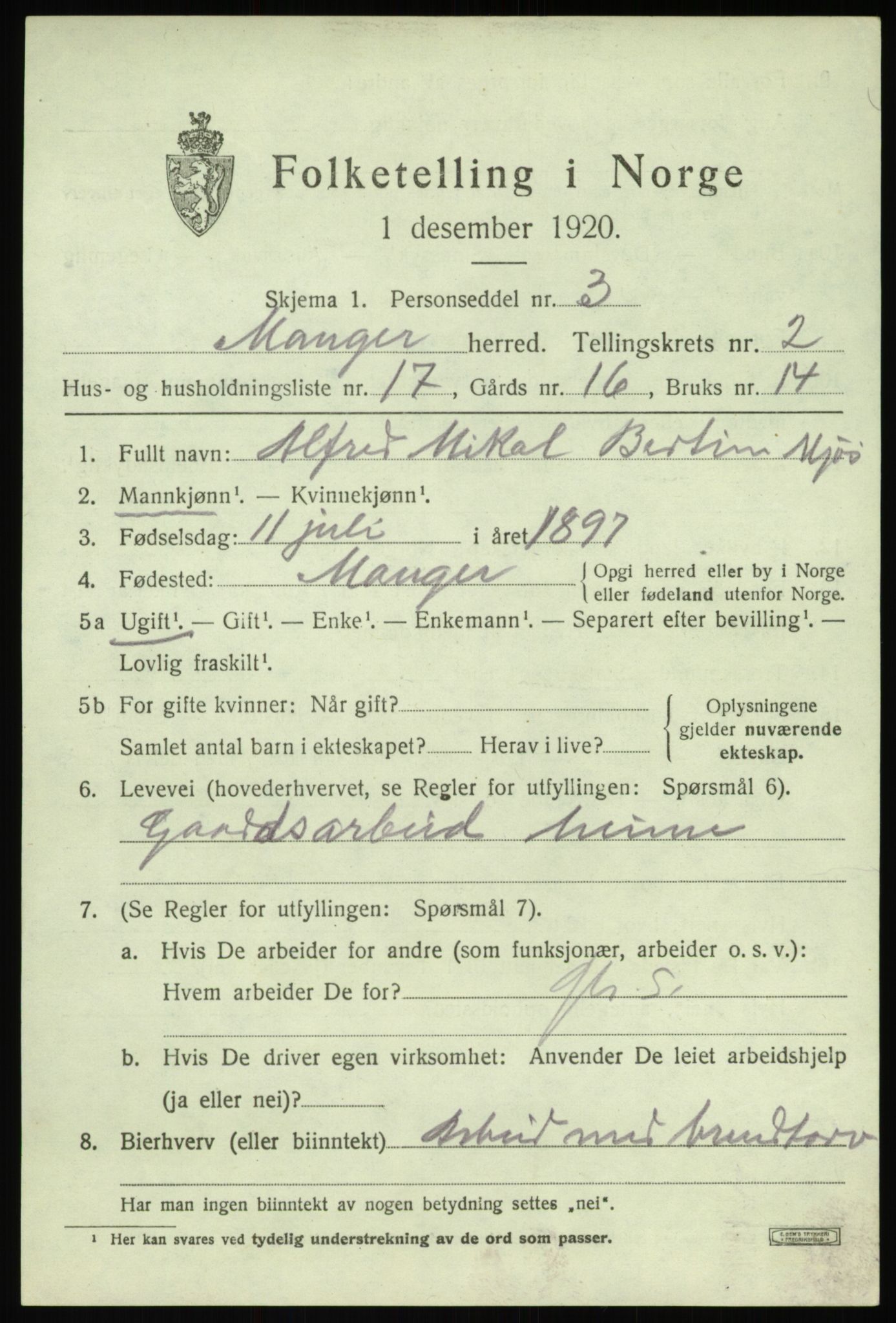 SAB, 1920 census for Manger, 1920, p. 2181