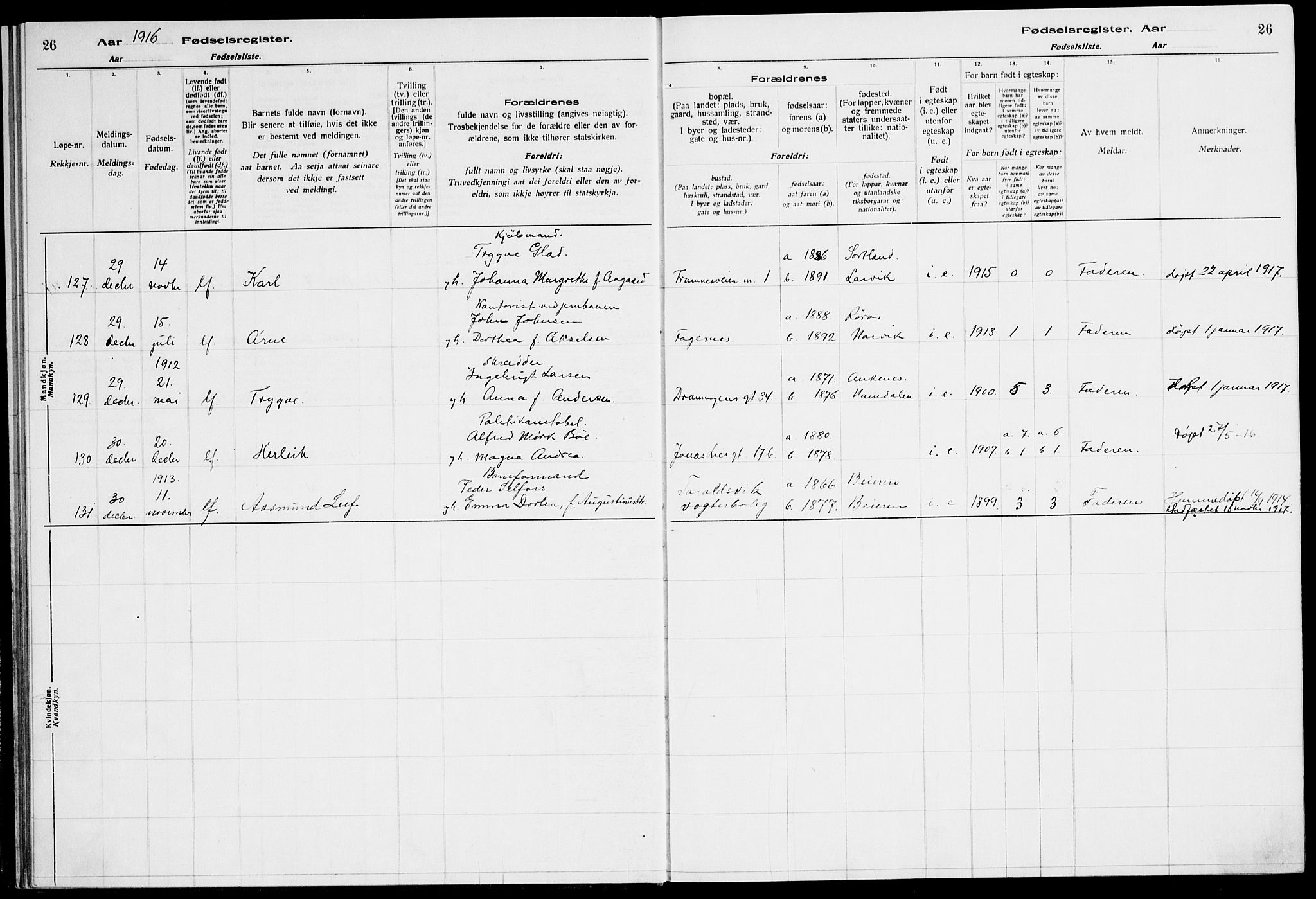 Ministerialprotokoller, klokkerbøker og fødselsregistre - Nordland, SAT/A-1459/871/L1013: Birth register no. 871.II.4.1, 1916-1924, p. 26