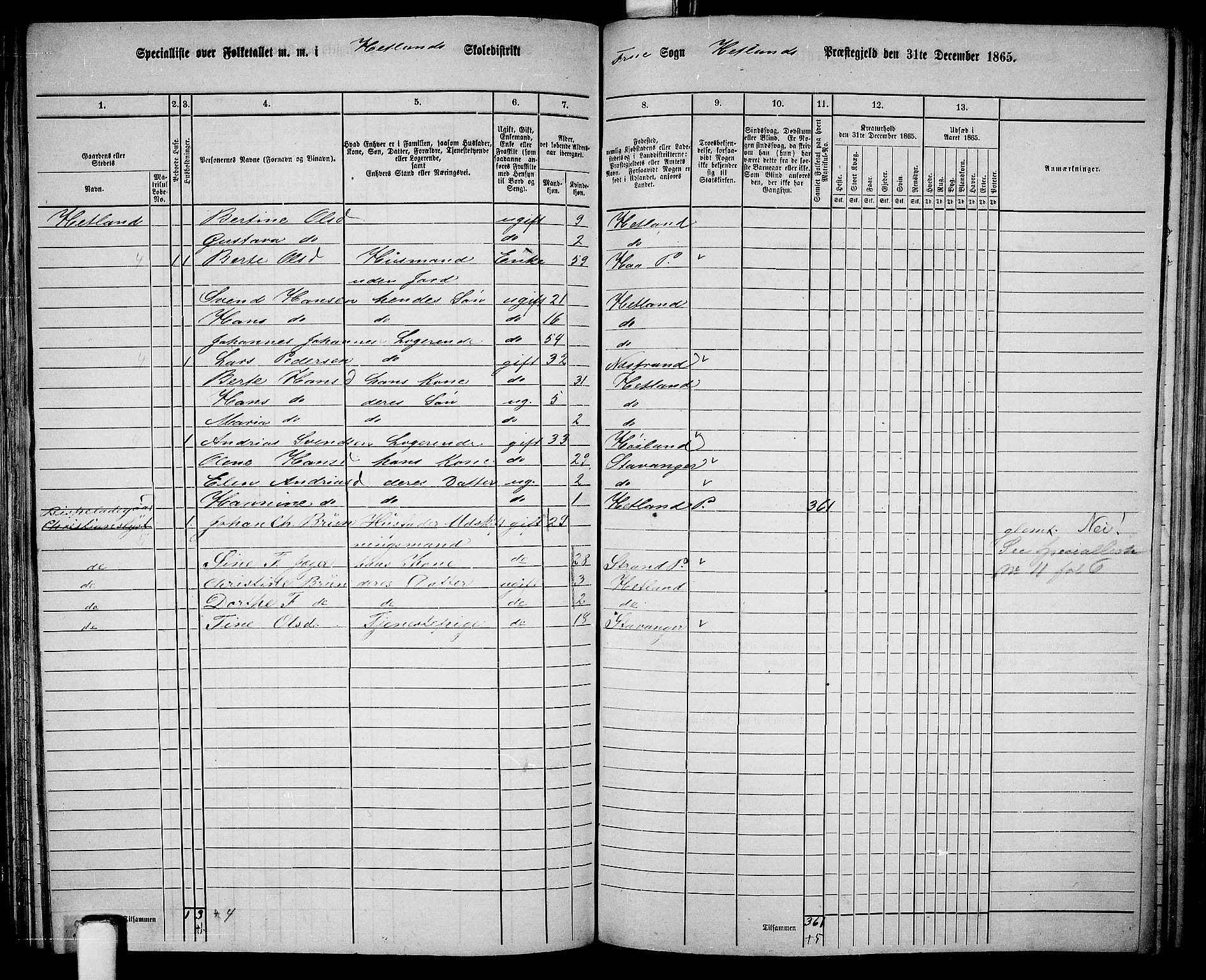 RA, 1865 census for Hetland, 1865, p. 151