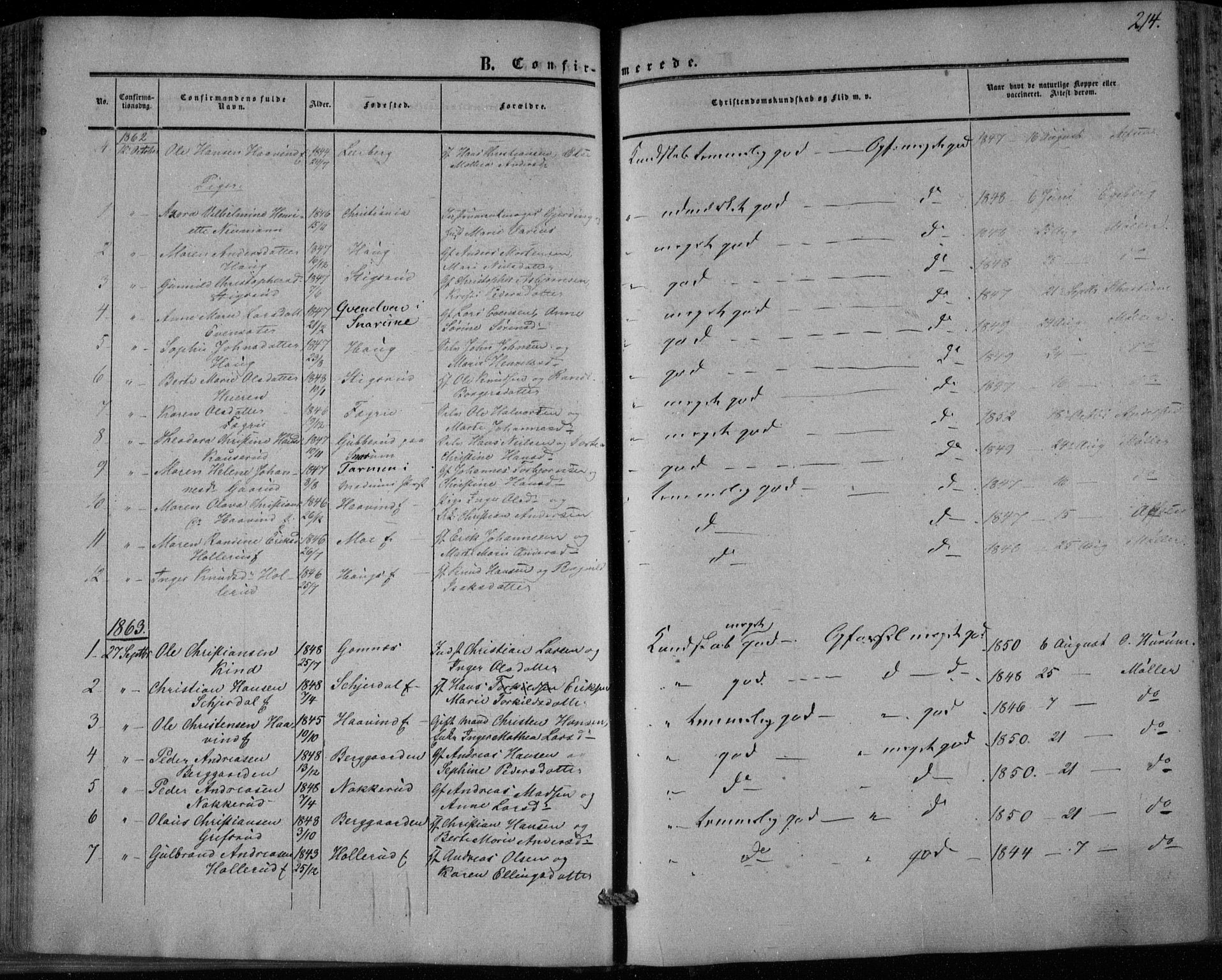 Hole kirkebøker, SAKO/A-228/F/Fa/L0006: Parish register (official) no. I 6, 1852-1872, p. 214