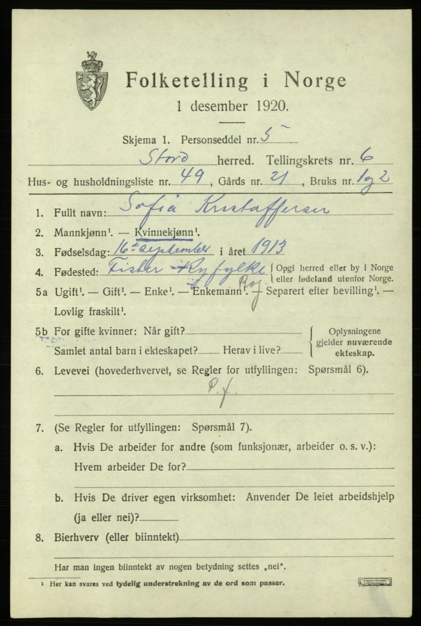 SAB, 1920 census for Stord, 1920, p. 3079