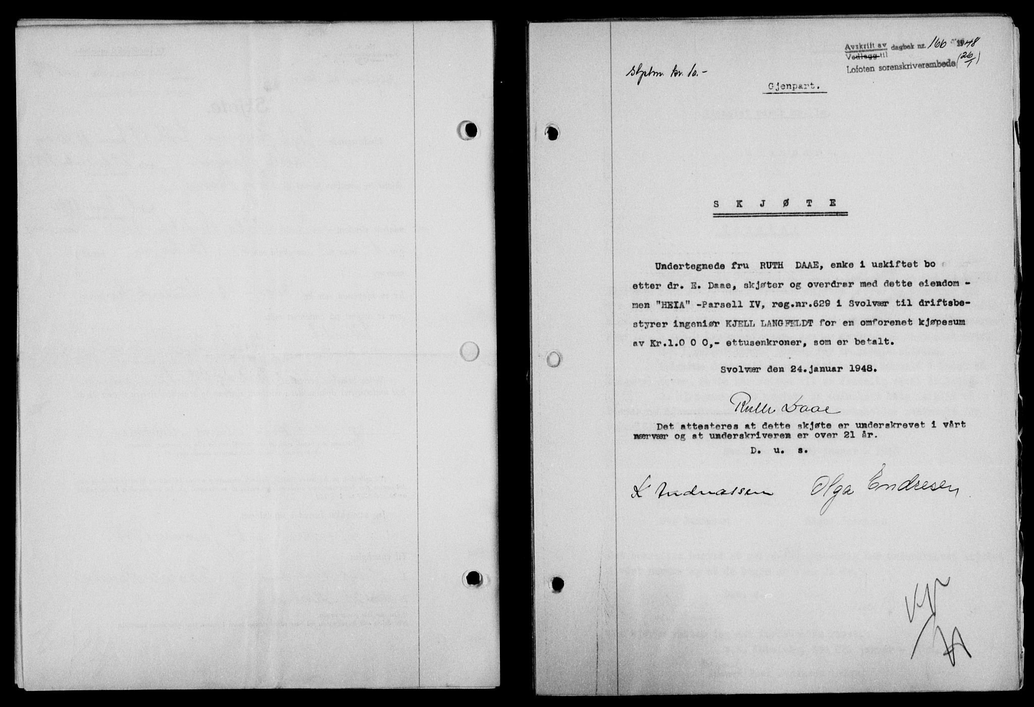Lofoten sorenskriveri, SAT/A-0017/1/2/2C/L0017a: Mortgage book no. 17a, 1947-1948, Diary no: : 166/1948