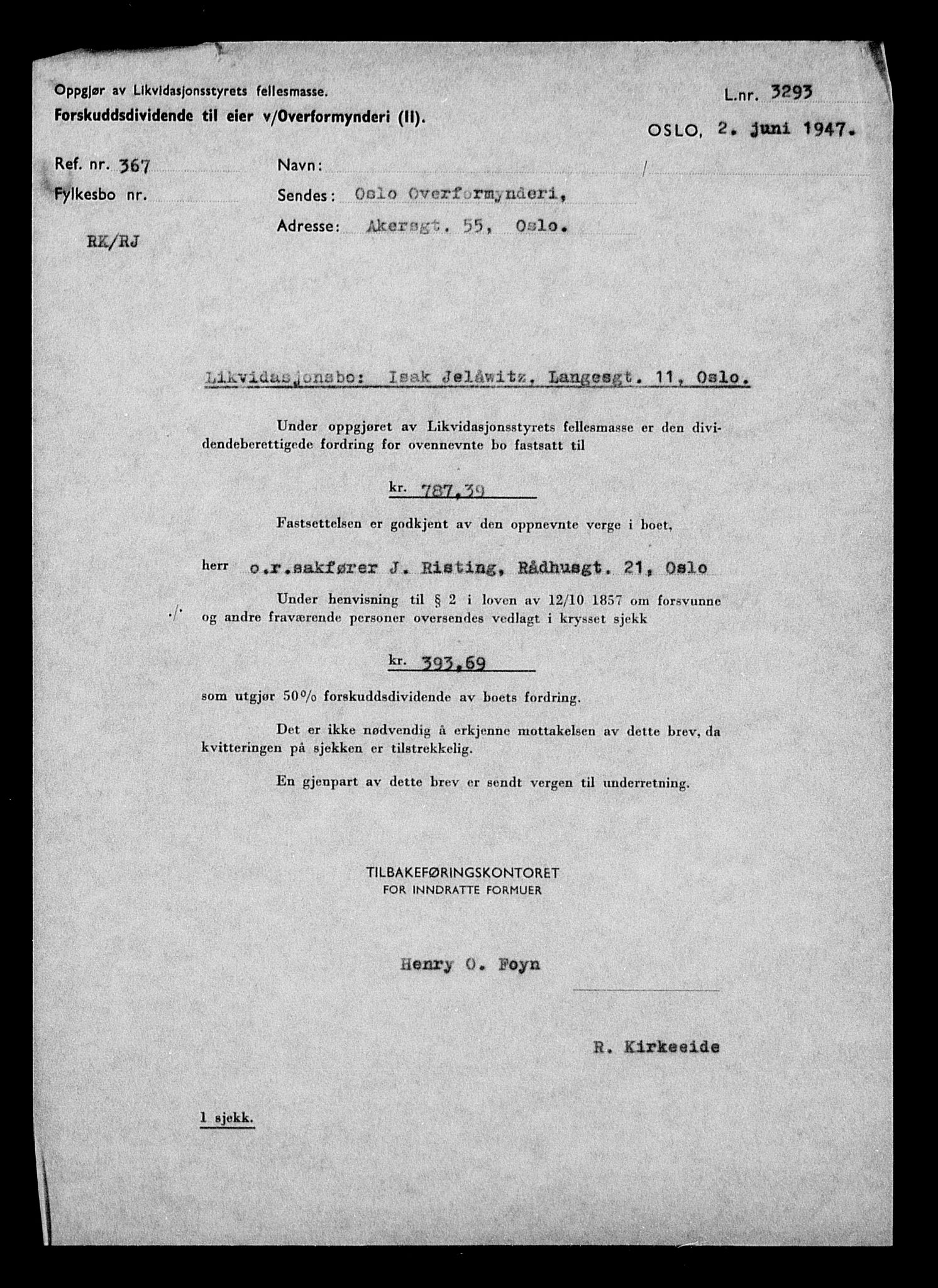 Justisdepartementet, Tilbakeføringskontoret for inndratte formuer, AV/RA-S-1564/H/Hc/Hcc/L0948: --, 1945-1947, p. 34