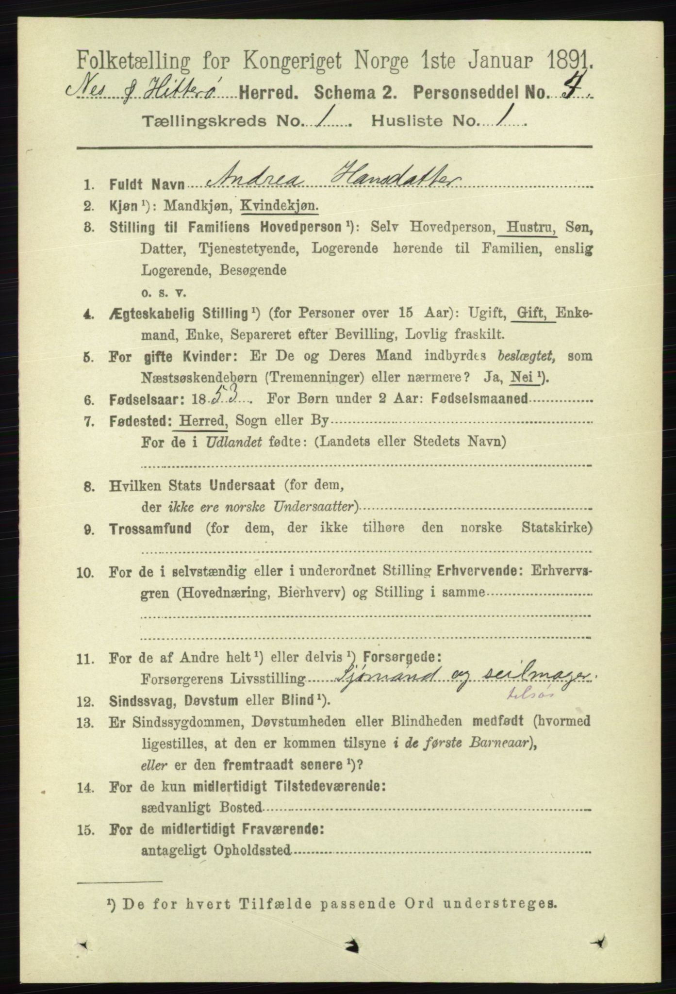 RA, 1891 census for 1043 Hidra og Nes, 1891, p. 101