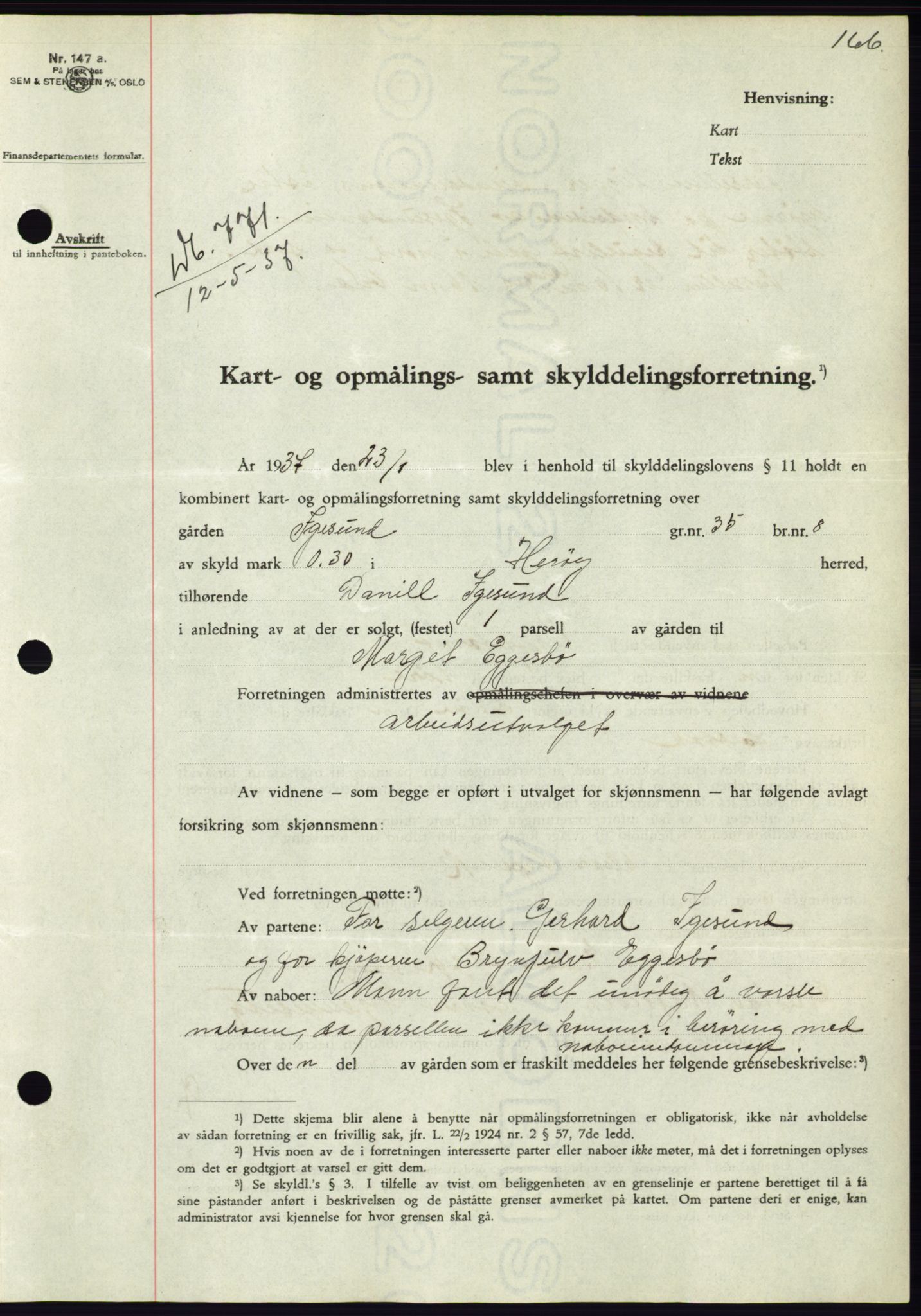 Søre Sunnmøre sorenskriveri, AV/SAT-A-4122/1/2/2C/L0063: Mortgage book no. 57, 1937-1937, Diary no: : 771/1937