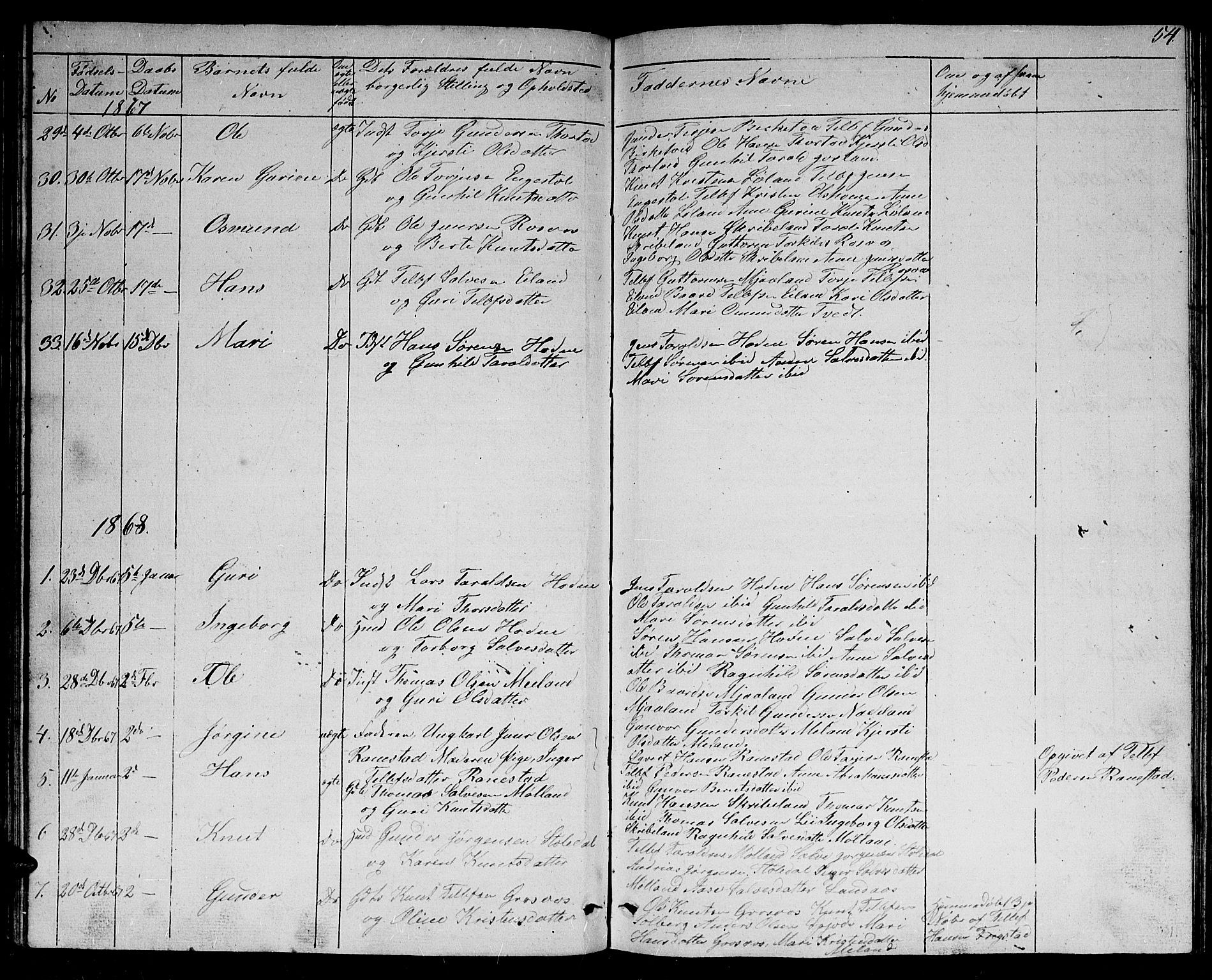 Evje sokneprestkontor, AV/SAK-1111-0008/F/Fb/Fbc/L0002: Parish register (copy) no. B 2, 1849-1876, p. 54