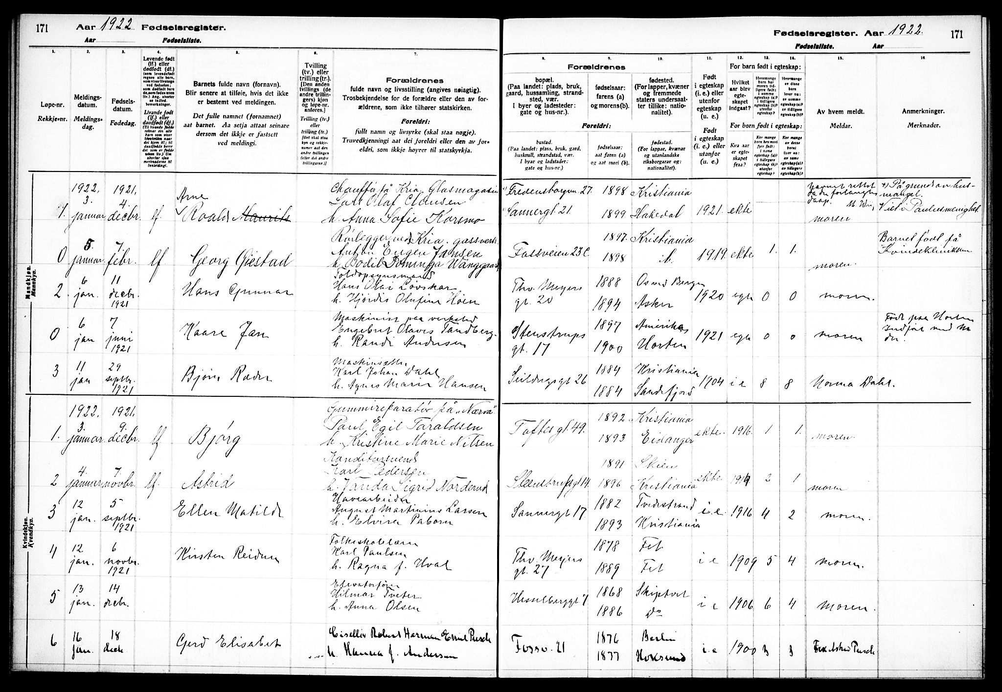 Paulus prestekontor Kirkebøker, AV/SAO-A-10871/J/Ja/L0001: Birth register no. 1, 1916-1923, p. 171