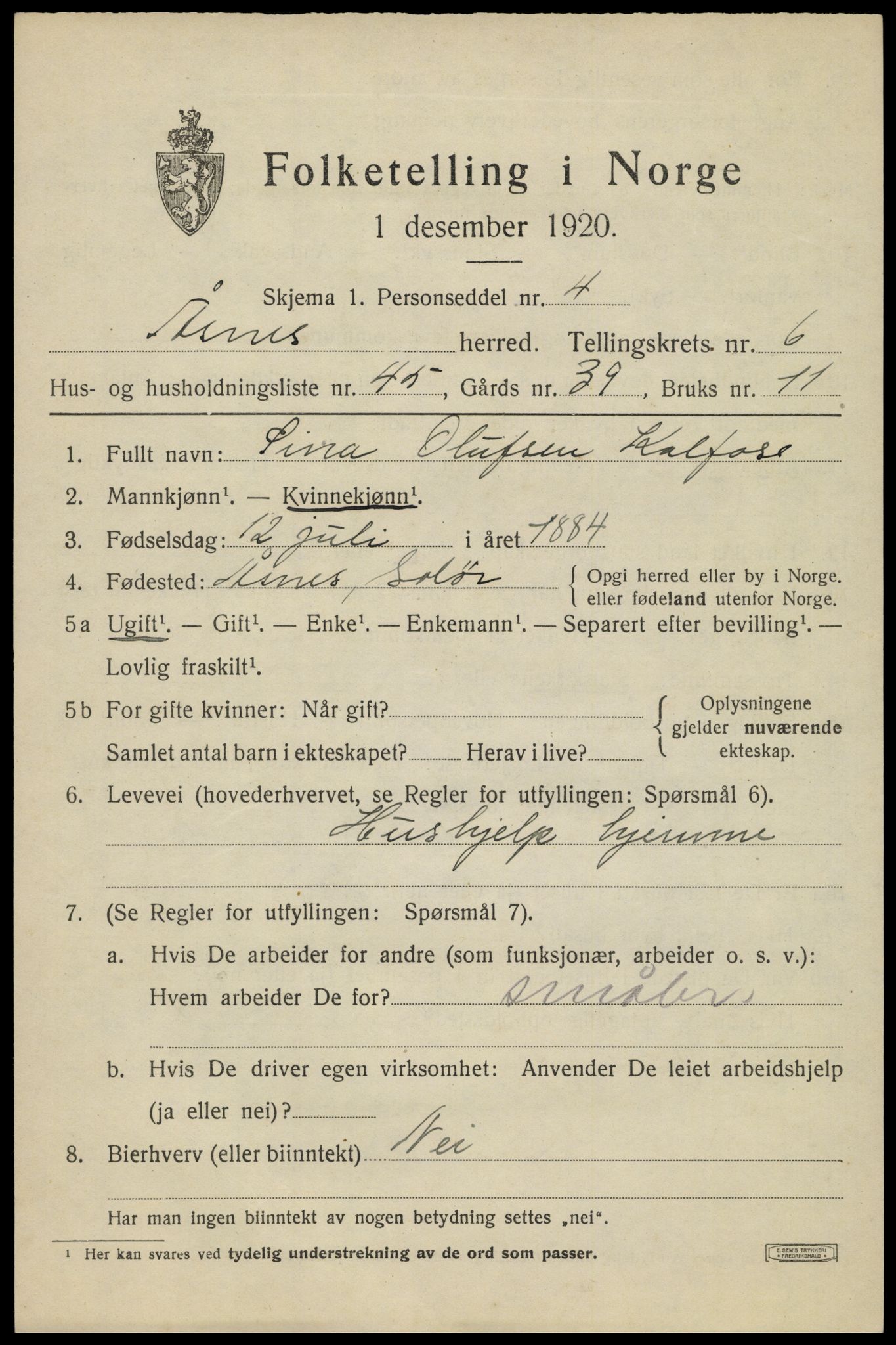 SAH, 1920 census for Åsnes, 1920, p. 8258