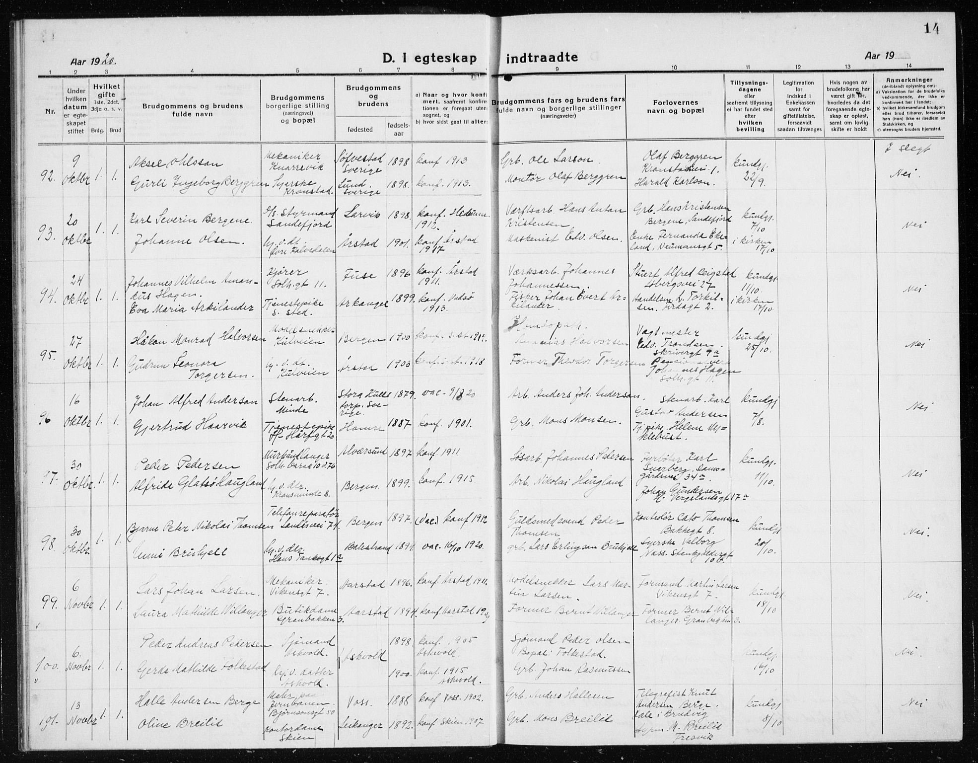 Årstad Sokneprestembete, AV/SAB-A-79301/H/Hab/L0020: Parish register (copy) no. C  2, 1920-1935, p. 14