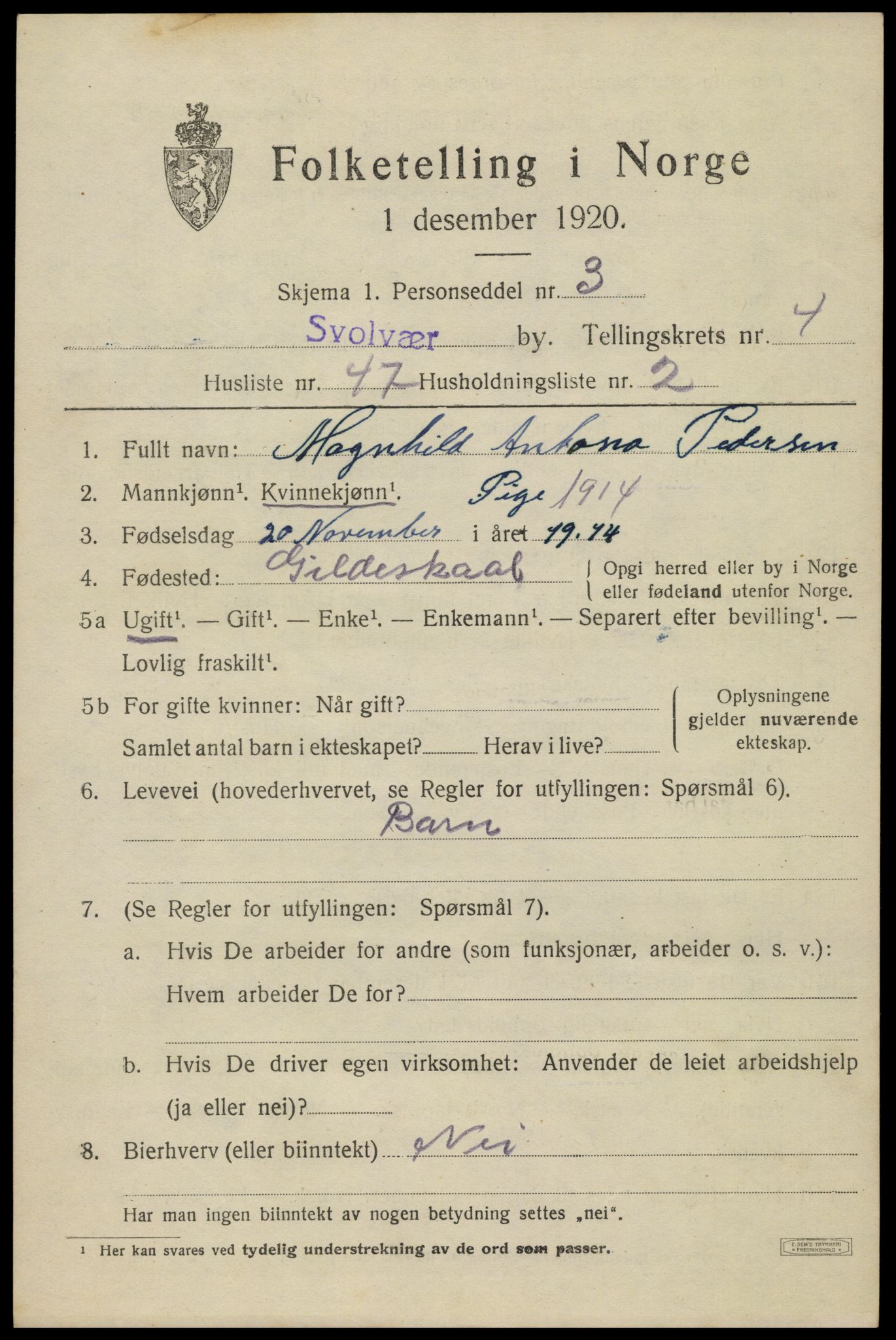 SAT, 1920 census for Svolvær, 1920, p. 6414