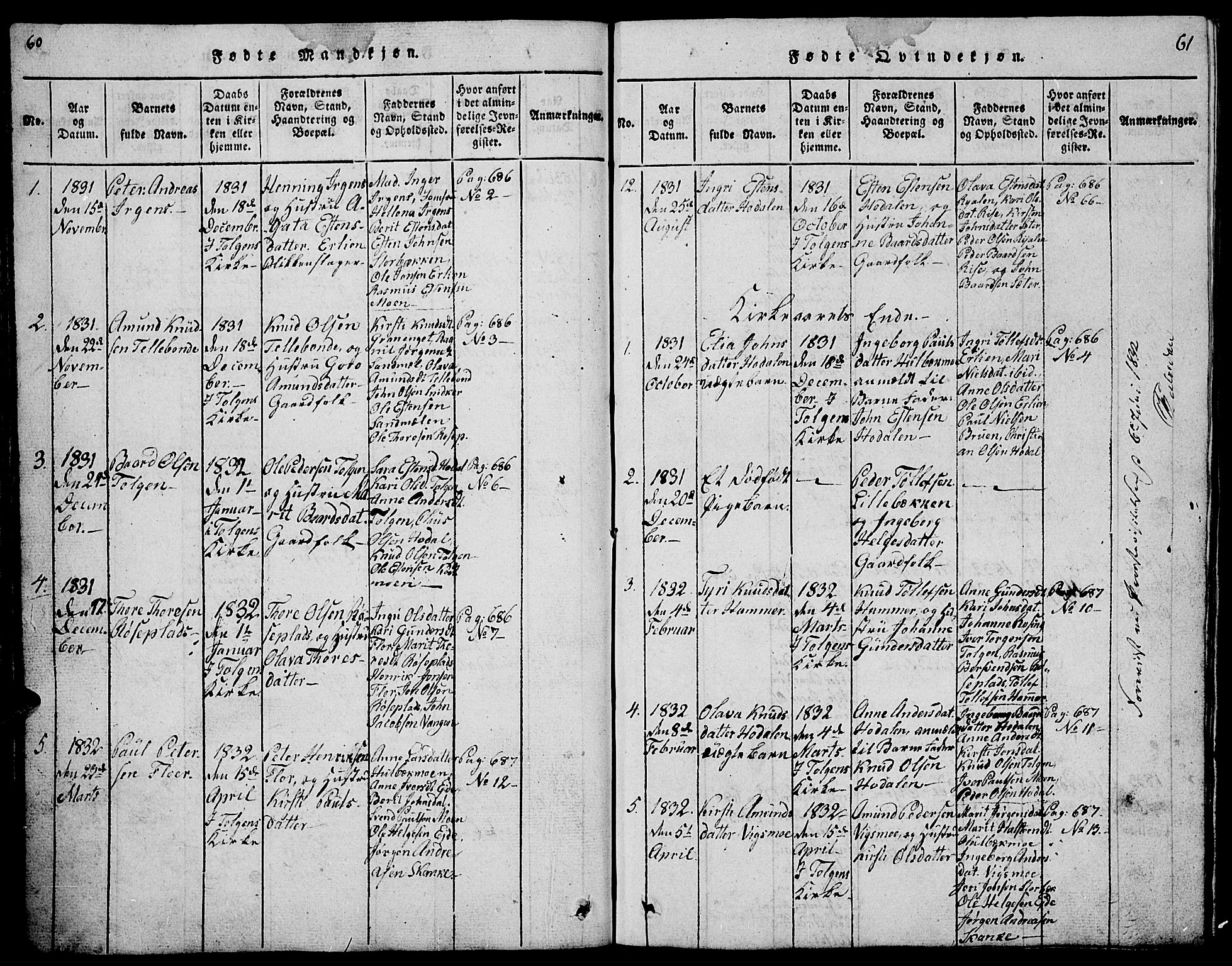 Tolga prestekontor, AV/SAH-PREST-062/L/L0001: Parish register (copy) no. 1, 1814-1877, p. 60-61