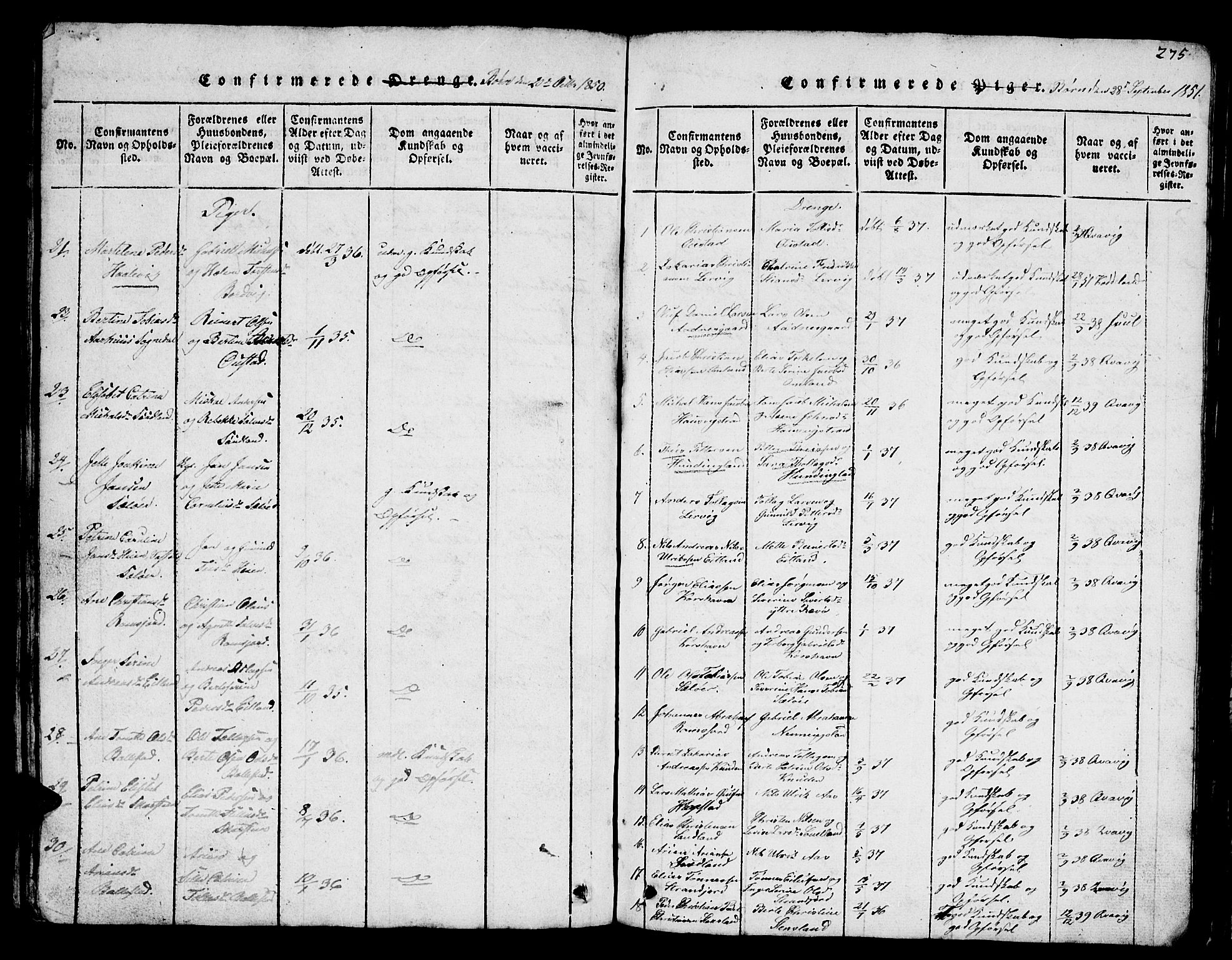Lyngdal sokneprestkontor, SAK/1111-0029/F/Fb/Fba/L0001: Parish register (copy) no. B 1, 1816-1876, p. 275