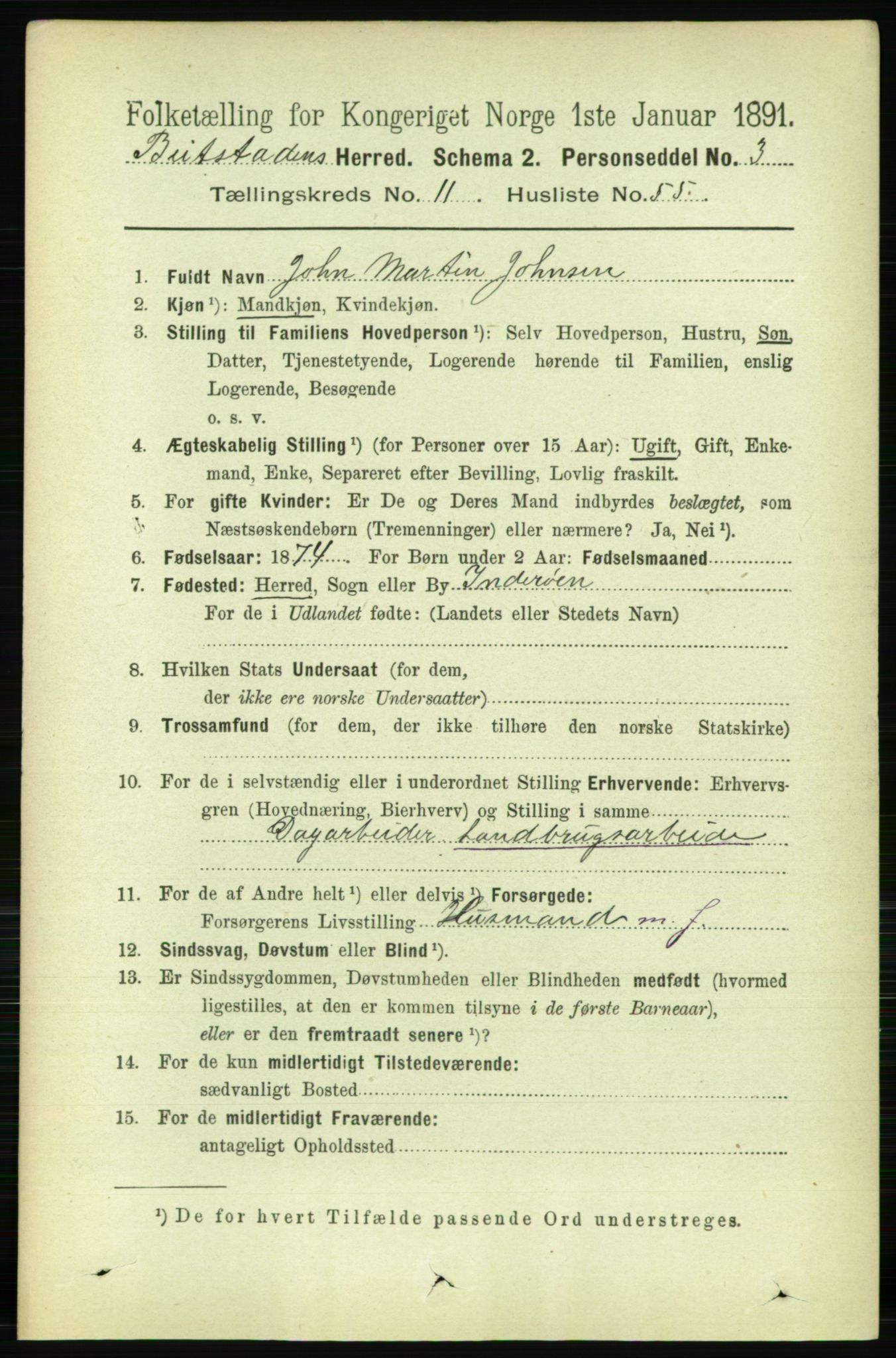 RA, 1891 census for 1727 Beitstad, 1891, p. 3316